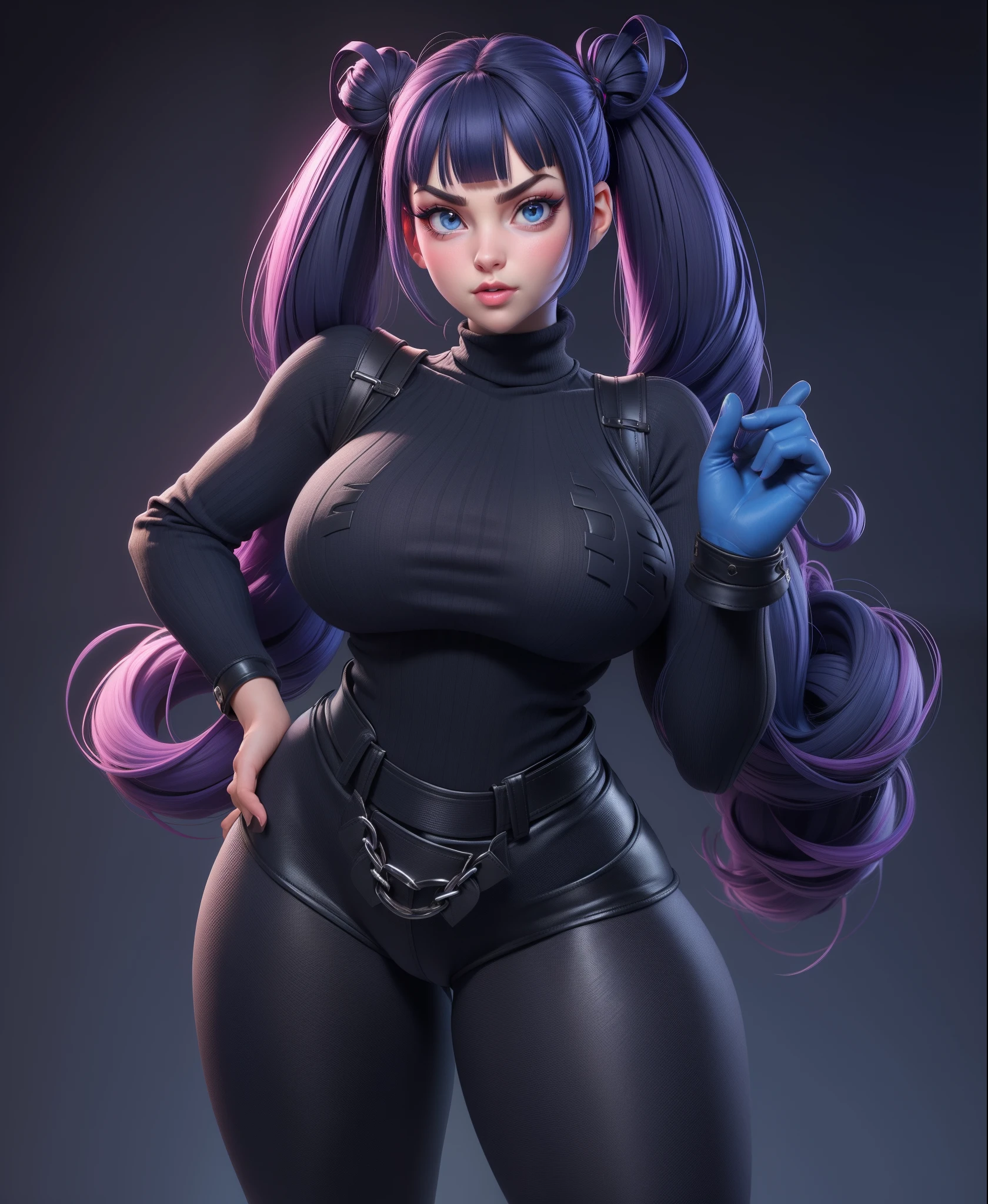 1fille, Juri Han de Street Fighter,  gros seins, grande largeur, Largeur gigantesque, ABS, seulement, cheveux longs, crop top noir, regardant le spectateur, fond bleu, cheveux noirs avec des rares meches violettes dans les cheveux noirs, fond simple, two side up, turtleneck, yeux bleus, minora, mouth closed, ruban, Hair tape, frange, turtleneck sweater, Haut du corps, separated bangs, ruban noir, ribbed sweater, Twintails, nez,