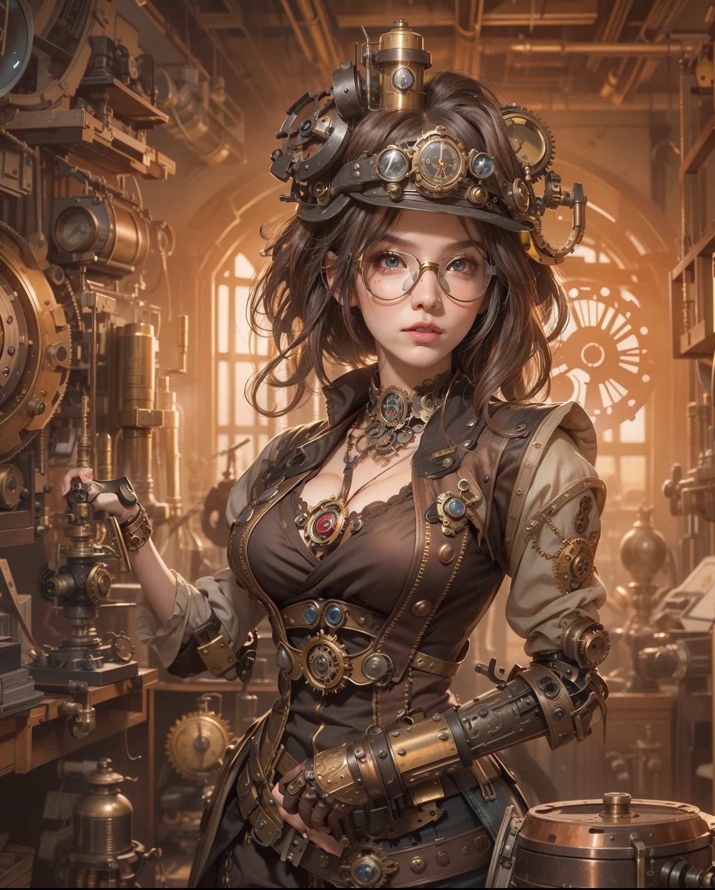 ((masutepiece)), (1girl in), (Steampunk Theme:1.5), (Mechanical elements:1.3), (goggles:1.2), (Inventor:1.1), (Engagement Expressions), (Active Pose), ((Highly detailed workshop background)), (Various gears:1.2), (Steam Power Machinery), (blueprint),(Flickering gas lamps:1.1), (Clockwork works),(Innovative:1.3),(Brass and copper tones) In the world of steampunk and innovation, Talented female inventor standing in a bustling workshop. She wears goggles, Rest on her forehead, Emphasize curious eyes full of determination. Her costumes are decorated with mechanical elements and brass accents, Reflecting passion for invention. She takes an active pose, Adjust complex gear systems with one hand、one fang、Sketch a new idea on parchment.