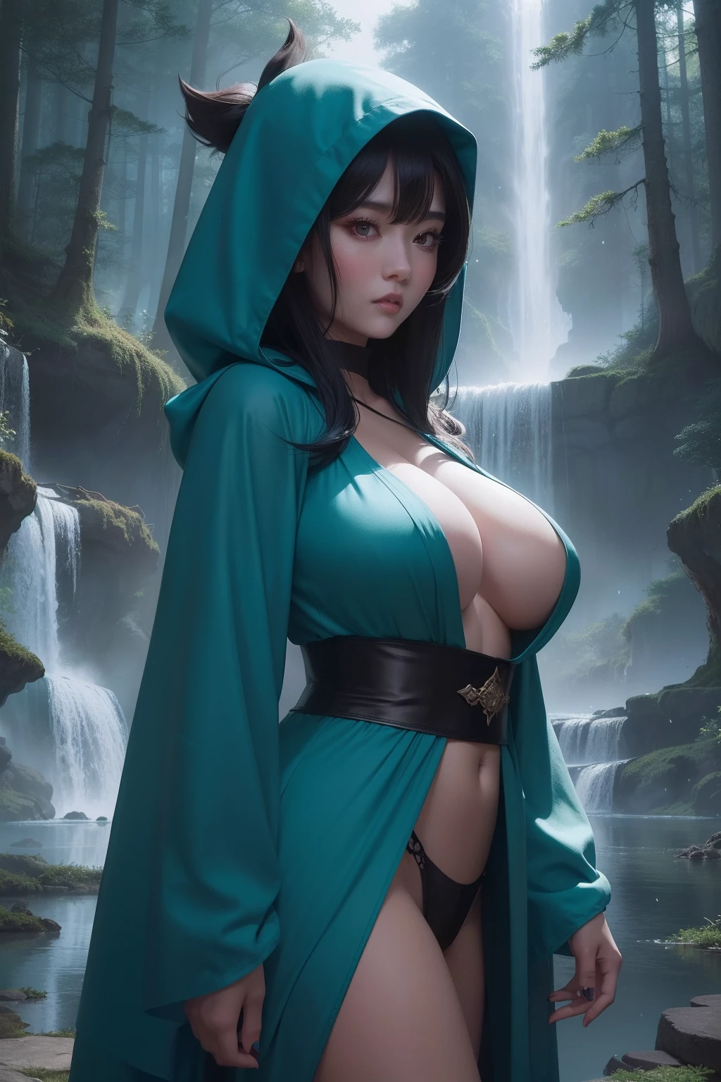 (masterpiece, best quality), sexy woman in a teal robe posing in a dark forest with luminous trees, (wearing teal robe with hood), dark robe, thicc, 8k high quality detailed art, extremely detailed artgerm, artwork in the style of guweiz, black - haired mage, seductive anime girl, mighty plump female sorceress, ((background: waterfalls))