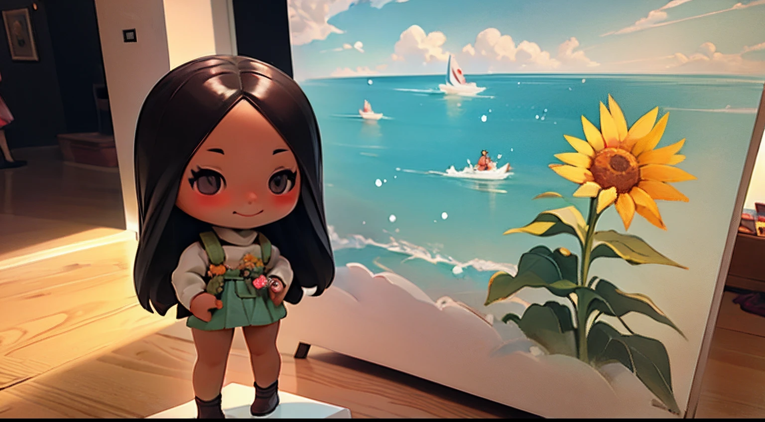 photoRealstic、Doll standing in front of the painting、laugh face、Water droplets on the cheeks、Selfie Pose、spreading arms widely、Sengai、pixiv、rokoko、dollfie dream、watercolor Nendoroid、(High Definition Figure)、flowing sakura-colored silk、nendroid、bustup、Sunflower petals、season!!: 秋☀ 🍂 コスモス