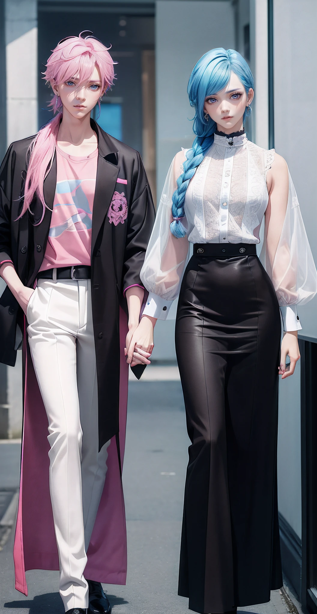 ((Male and female couples)), Idol Photos, Magazine covers, Photos of actors, Professional Photos, Height difference, tall male, Happiness, youthfulness, extra detailed face, detailed punk hair, very detailed character, inspired by Sim Sa-jeong, Cai Xukun's, detailed realistic faces, highly detailed realistic face, high detailed face anime, realistic detailed face, Accurate detailed face, attractive androgynous humanoid, Cool Korean fashion in black, ((Man with light blue hair)), ((Woman with pink hair)), ((Woman with long hair below waist)), ((Man with short hair over ears)), ((Pink hair woman with gentle expression)), ((Man with light blue hair with wild expression)), high-level image quality, masterpiece, Photographed so that the whole body can be seen, Photographed to make clothes look beautiful, Take your eyes off, ((two individuals)), ((British couple))