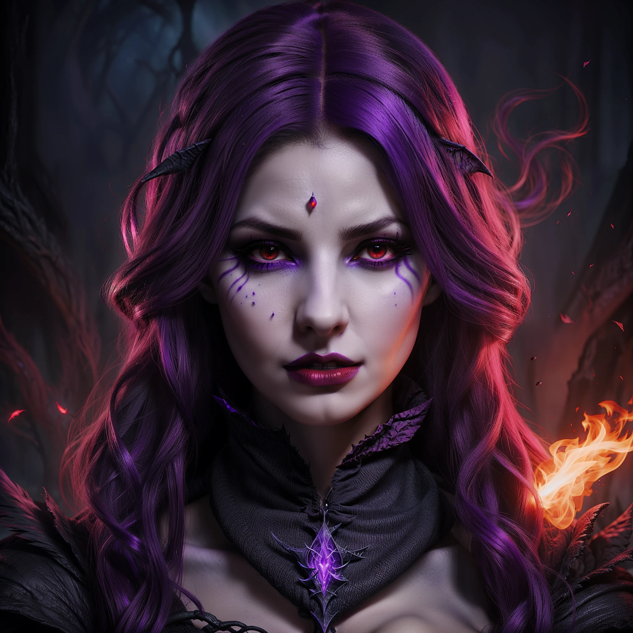 arafed woman with purple hair and red eyes in a dark room, red eyes, red lips, portrait of a sorceress, fantasy concept art portrait, epic fantasy art portrait, portrait of a female elf warlock, evil sorceress, dark fantasy style art, dark fantasy portrait, diablo 4 lilith, epic fantasy digital art style, dark witch character, fantasy character portrait
