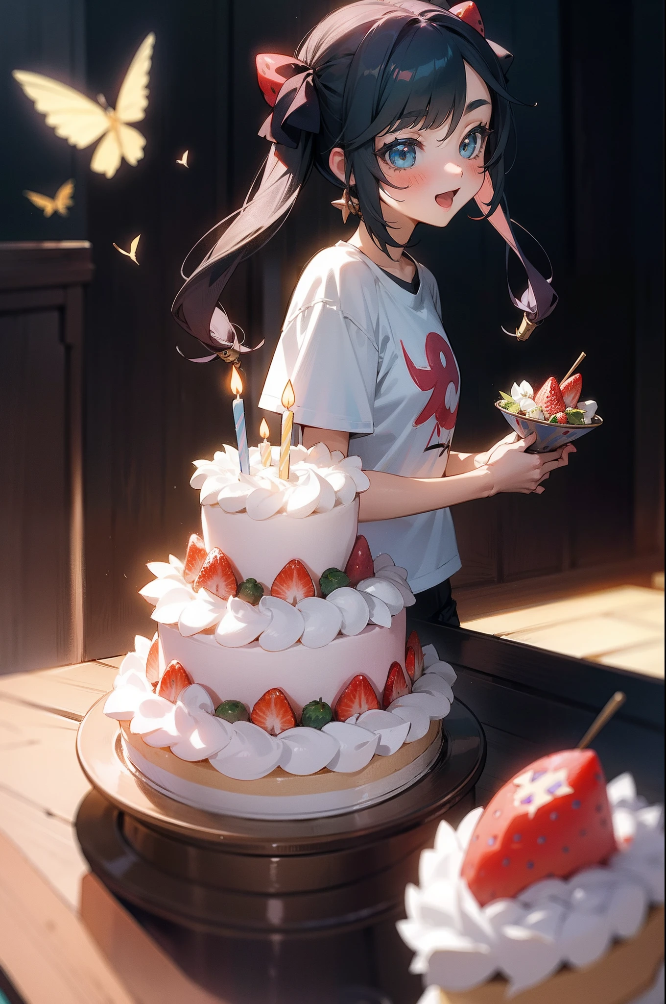 1 girl, Mona, Genshin, cute, casual clothes, t-shirt, amazed, happy, strawberry cake, birthday, celebrations,