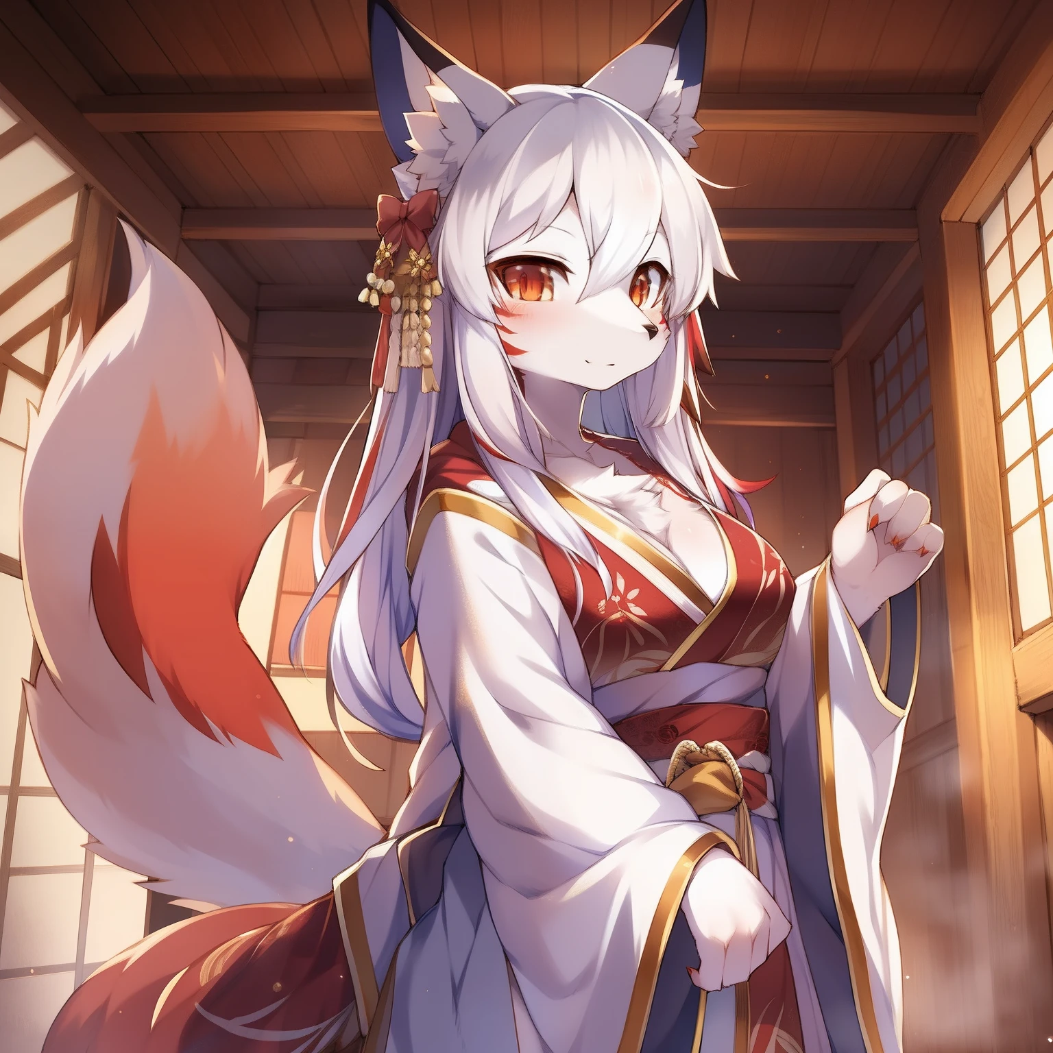 solo, Female, fox, kitsune, white fur, red face markings, white body, white hair, long hair, red and orange eyes, long lashes, attractive face, multiple tails, red tips on tails, lithe body, average body, lean body, white kimono, red and gold elements to kimono, Kanzashi in hair, traditional Japanese home, looking at viewer, by by kishibe, by mofumofumachine, by nonoka_furry, by Tubasa, by ACHAKOORA.