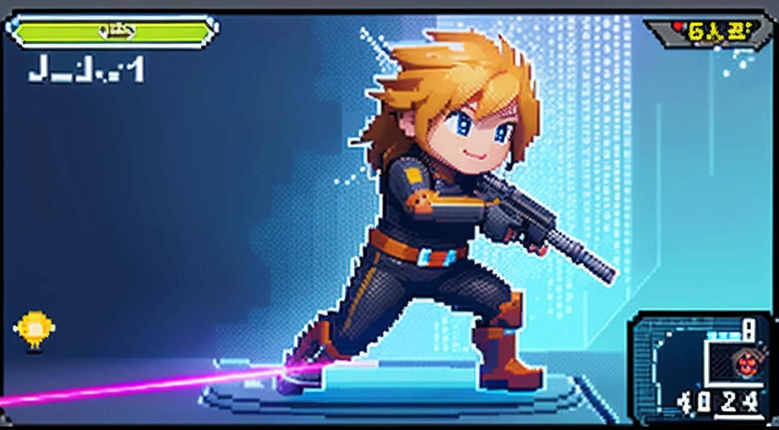 pixel game，character  design，Sci-fi suit，Warrior with a laser gun， Pixel art #pixelart