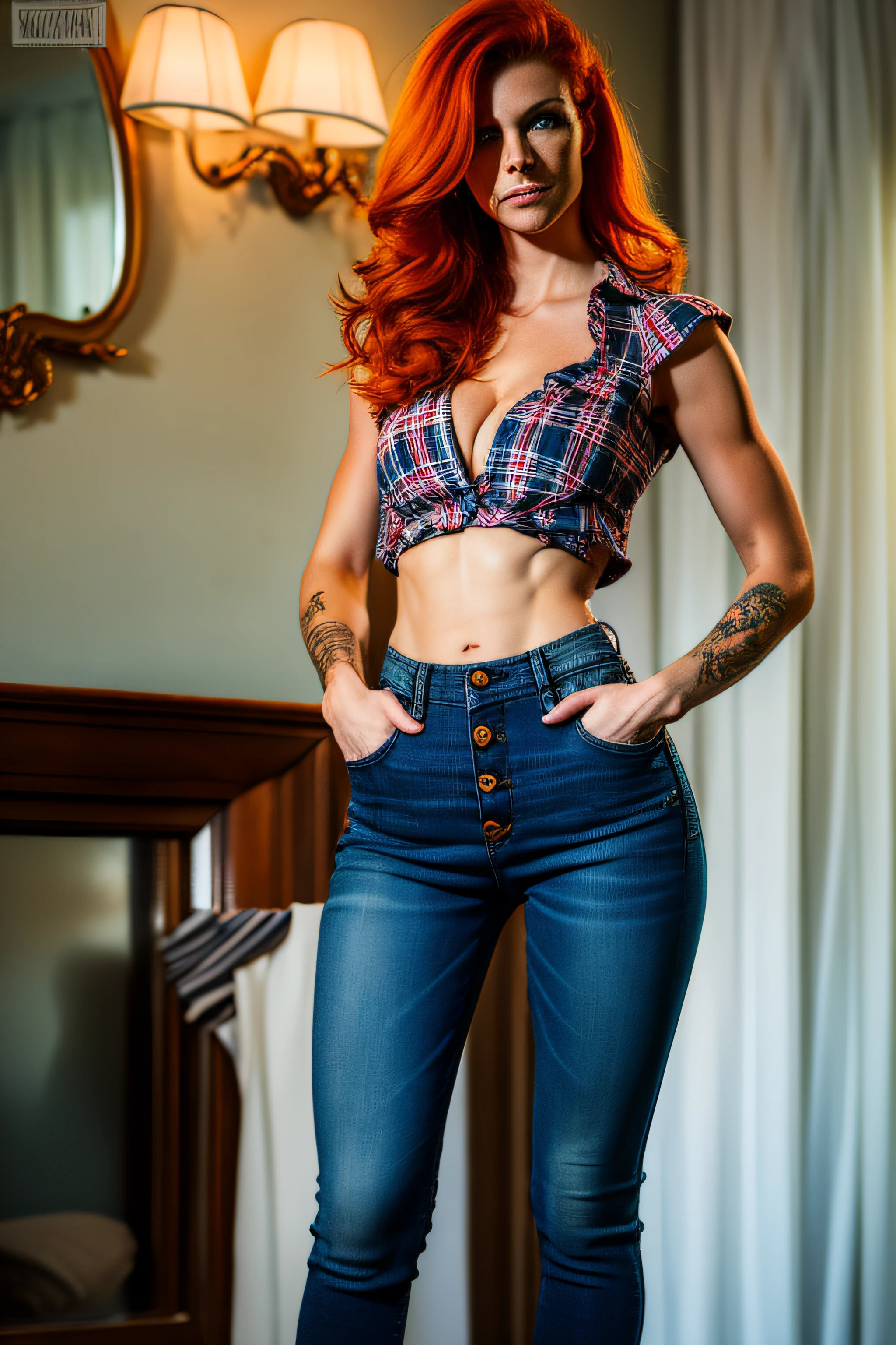 beautiful 25 year old australian woman, ginger hair, she wears a flannel shirt with the top 4 buttons unbuttoned, no bra,  huge beautiful breasts, huge tits, huge boobs, she wears super tight jeans, her arms are covered in tattoos full off colours, she stands seductively and looks at camera, she is fit, strong and has slim waist1