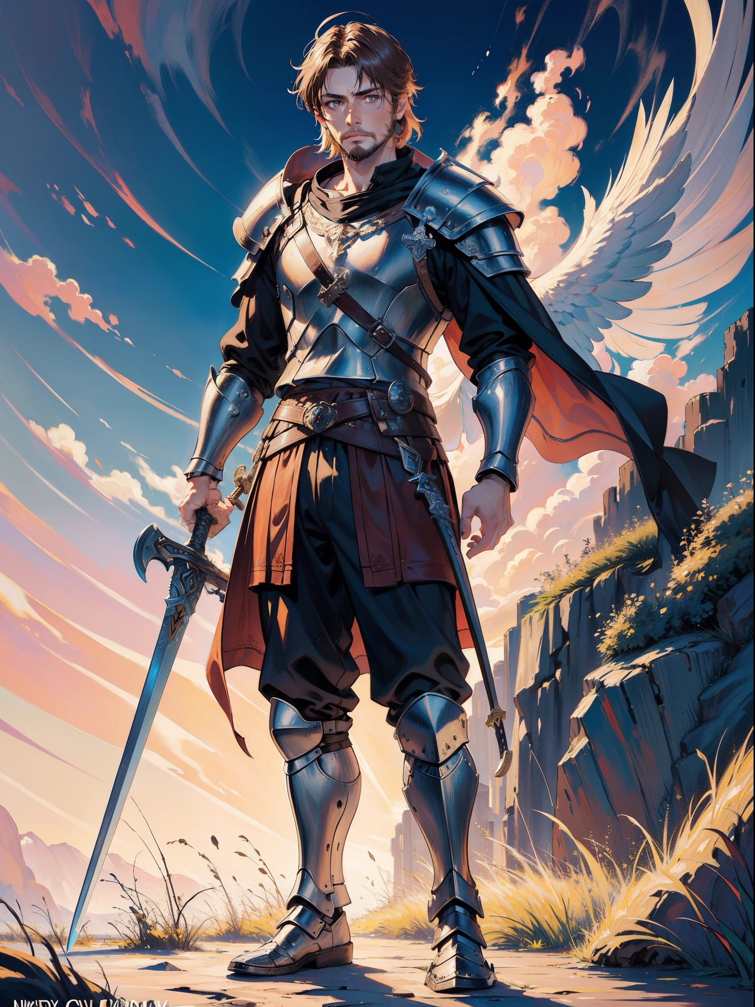 masterpiece, official art, 8k, masterpiece, best quality, highly detailed, realistic, viking warrior king standing with commanding presence holding a sword, very short crew cut brown hair, small chin only goatee, hazel eyes, crown, full metal armor, standing, holding a sword, full body, facing forward, looking at camera, movie quality