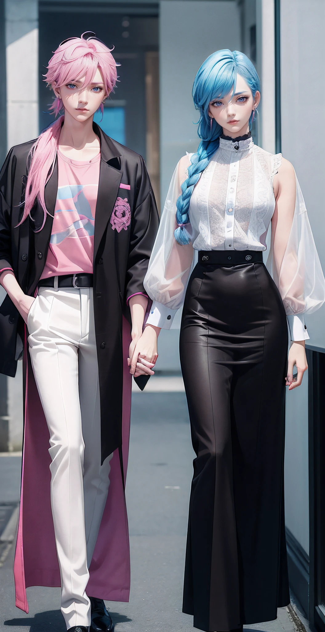 ((Male and female couples)), Idol Photos, Magazine covers, Photos of actors, Professional Photos, Height difference, tall male, Happiness, youthfulness, extra detailed face, detailed punk hair, very detailed character, inspired by Sim Sa-jeong, Cai Xukun's, detailed realistic faces, highly detailed realistic face, high detailed face anime, realistic detailed face, Accurate detailed face, attractive androgynous humanoid, Cool Korean fashion in black, ((Man with light blue hair)), ((Woman with pink hair)), ((Woman with long hair below waist)), ((Man with short hair over ears)), ((Pink hair woman with gentle expression)), ((Man with light blue hair with wild expression)), high-level image quality, masterpiece, Photographed so that the whole body can be seen, Photographed to make clothes look beautiful, Take your eyes off, ((two individuals)), ((British couple))