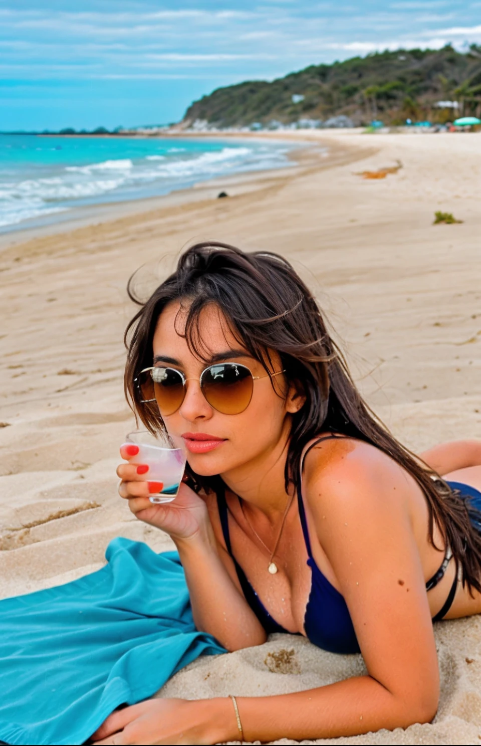 Spanish girl at the beach laying on back in the sand on a blanket holding a glass cup of juice wet messy hair and sunglasses on