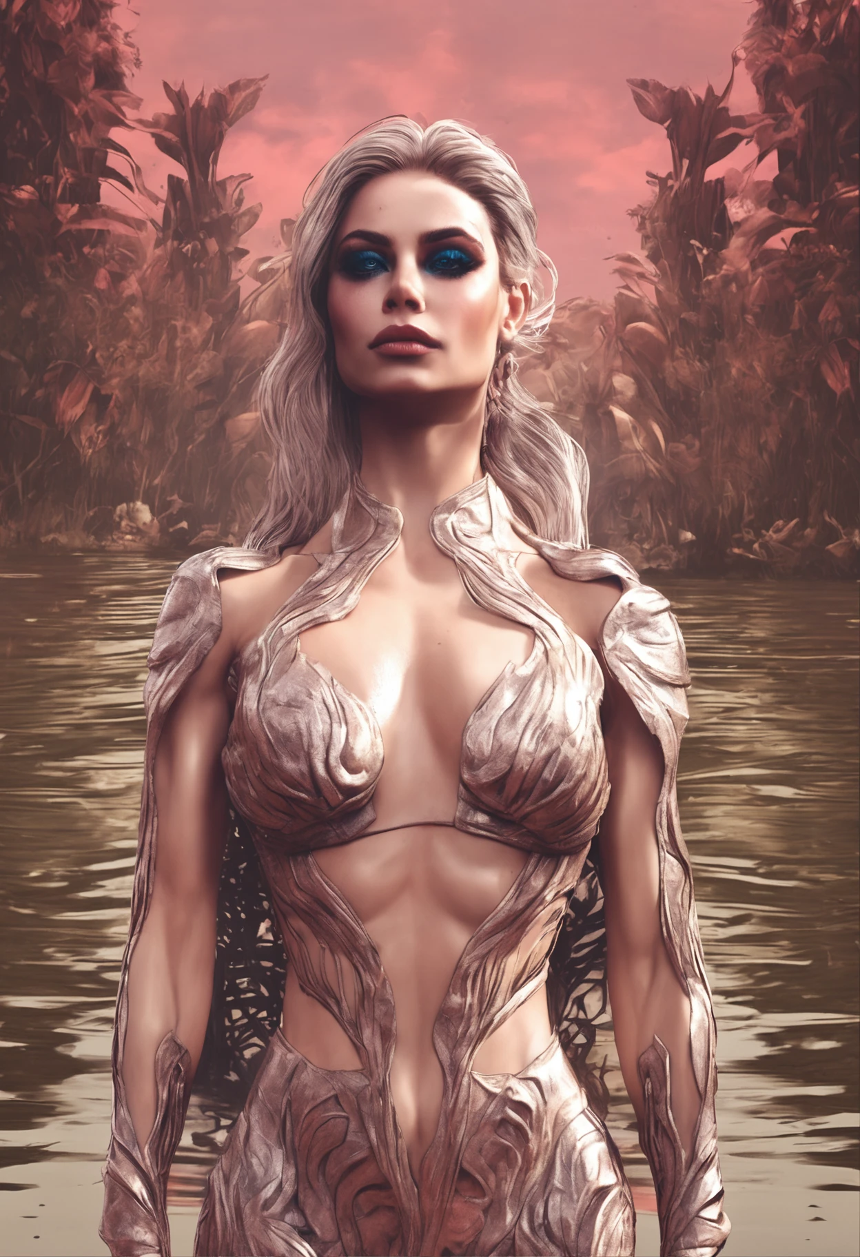 1 girl, Avril Lavigne, bodybuilder with really ripped massive muscles, well-endowed, very cute face, very detailed, wearing elegant dress, near a lake in a forest, front full body