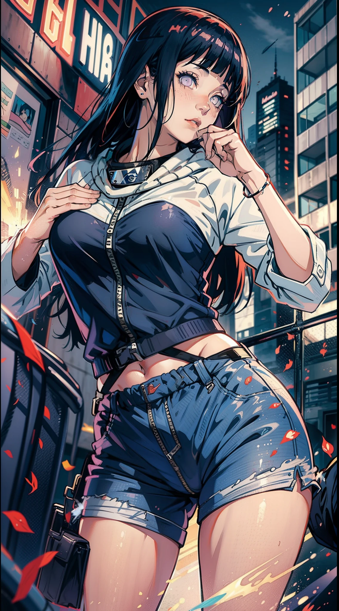 Hinata Hyuga usando roupas curtas, Bunda Grande, pernas grossas, Funkeira, Brasileira, extremamente sexy, rebolando, dancing funk, short curto, mostrando metade da bunda, bunda Grande, pernas grossas, cabelos longos, Nike Air Jordan sneakers, idade entre 18 a 20 anos, som ligado, alto falantes, in the city of Balneário Camboriú in Brazil, realista, 8K, extremamente detalhado, Xiaomi in the hands