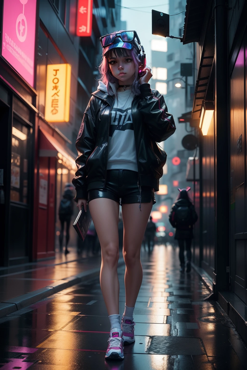 master part, menina sozinha, sozinho, Incrivelmente absurdo, Capuz, headphones on head, Rua, ao ar livre, chuva, neon light, estilo cyberpunk