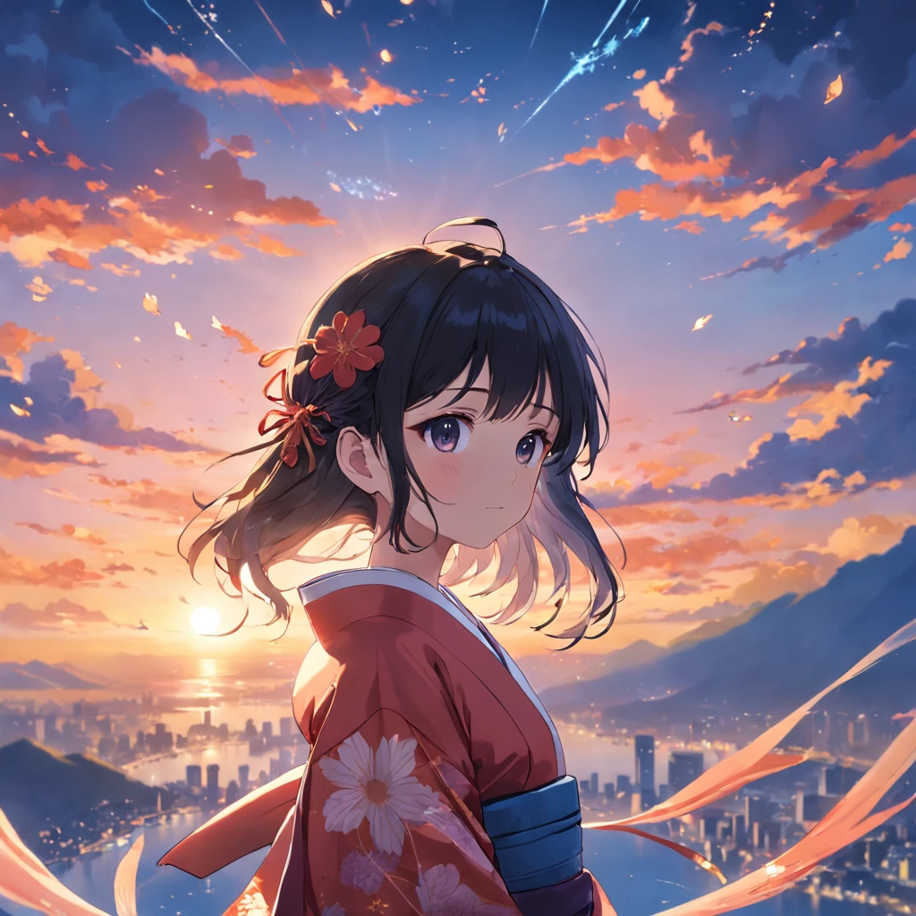 masterpiece、top-quality、Movie stills、1girl、Kimono Girl、floating in sky、a closeup、发光、happiness、Warm soft lighting、the setting sun、(Spark:0.7)