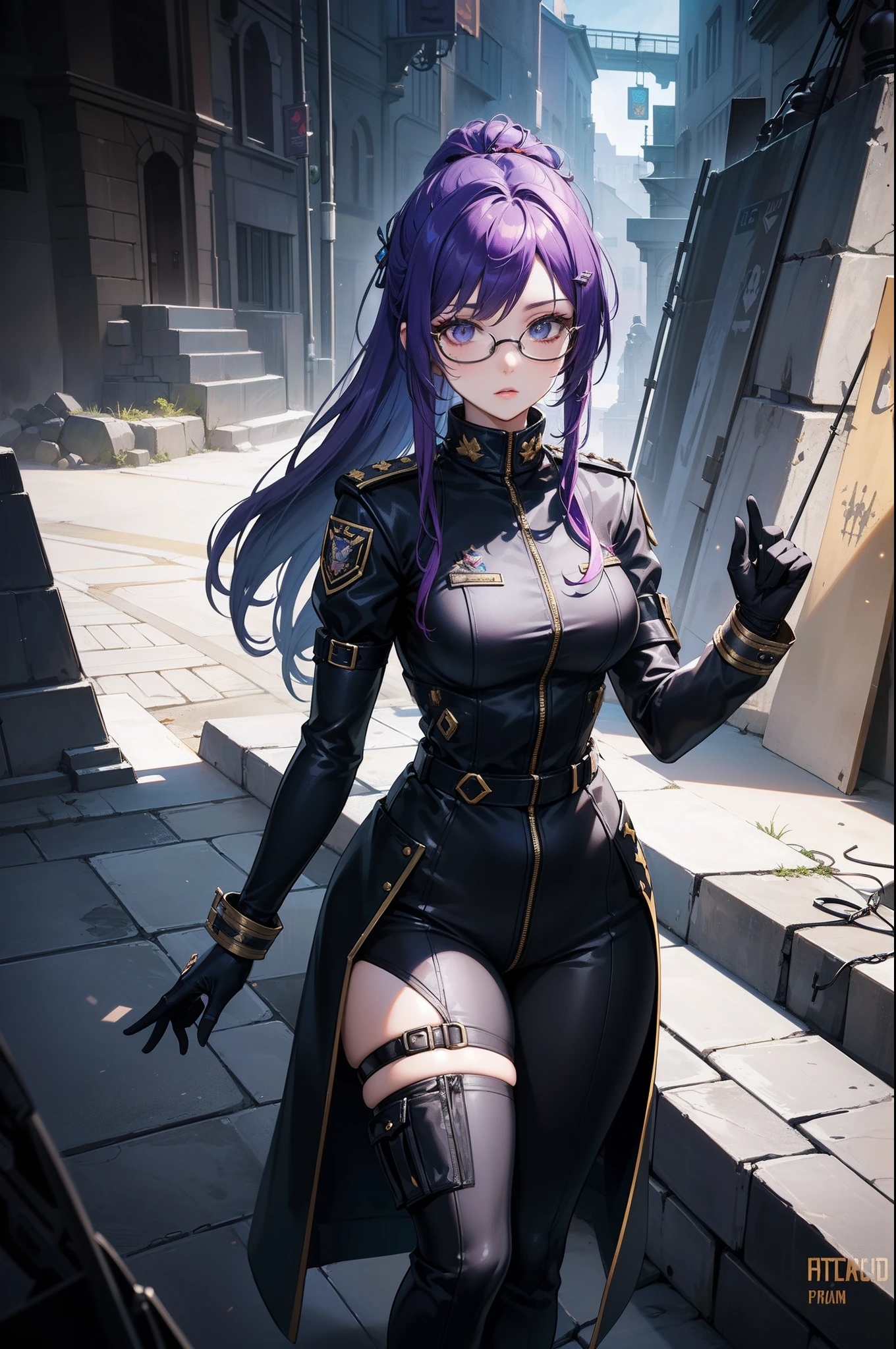 (league of legend female character, hyper league of legend art style), female military commander, ((perfectly thick military jumpsuit with zip outfit, designed overcoat, hair pin, hand glove, collar, eye mask, badge, glasses, Trouser chains )), ((purple and blue pigtail hair style, grey pupil, random make up, petite body shape)), (gorgeous aura, hyper effect), (masterpieces, fantasy world, hyper resolution), camp background