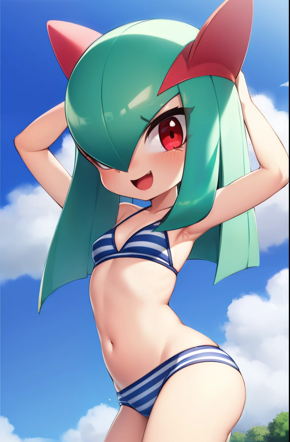 obra maestra, mejor calidad, 1 girl in, solo, kirlia, cabello azul, shiny kirlia, ojos rojos, en un yate, riendo, bikini, bikini de dos piezas, senos grandes, senos fe******s grandes y redondos, embarazada, bikini rojo.