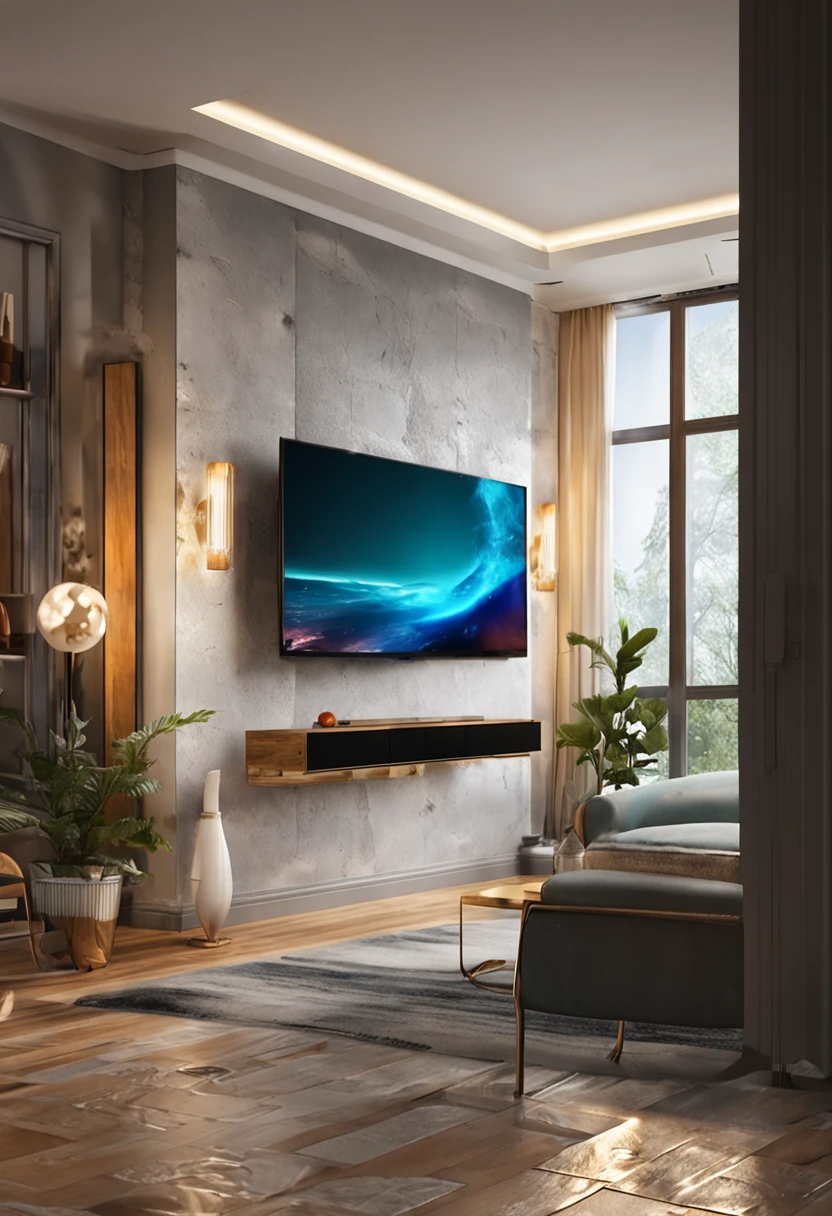 Wall-mounted 75-inch smart TV in the living room with a European feel, the living room has a sofa and a very sparkling atmosphere