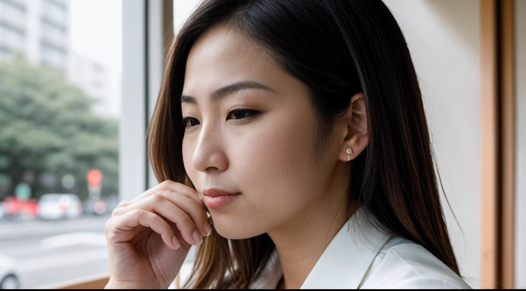 instagram photo, closeup face photo, A candid moment captured as a Japanese businesswoman takes a thoughtful break during her busy day, contemplative, genuine, Sony A6600 with 35mm f/1.8 lens, available daylight, lifestyle photography.