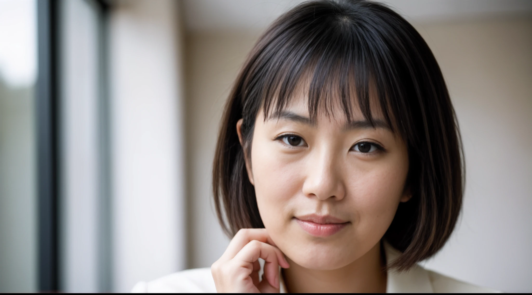 instagram photo, closeup face photo, A candid moment captured as a Japanese businesswoman takes a thoughtful break during her busy day, contemplative, genuine, Sony A6600 with 35mm f/1.8 lens, available daylight, lifestyle photography.