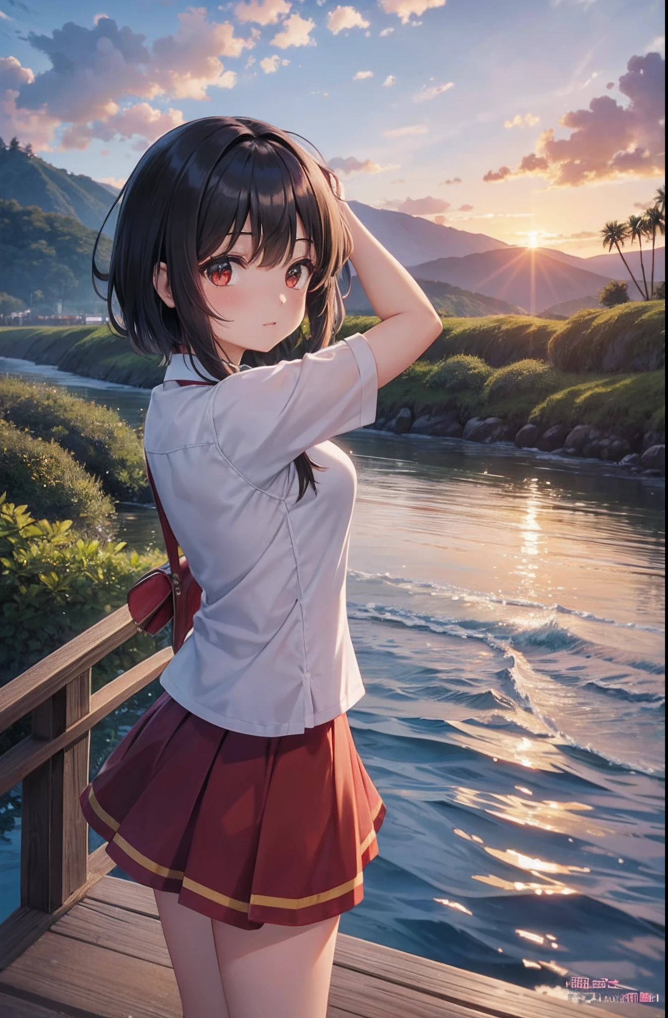 Kai Kokoai, STU48 Kai Kokoai, short hair, Cabelos castanhos escuros, 1girl_megumin_konosuba, outono, outono_Folhas, franja, Praia, azul_heaven, corar, seio, marrom_Hair, fechado_boca, nuvem, red eyes, Nublado_heaven, 鎖骨, dia, vestir, campo, flor, flor_campo, horizonte, lago, folha, Olhando_em_ visualizador, montanha, montanhoso_horizonte, mar, ao ar livre, palm_tree, petal, planta, vermelho_flor, curto_Hair, saia_segurar, heaven, sorrir, sozinho, Standing, Sunset, tree, Twilight, water, vermelho_vestir, olho perfeito