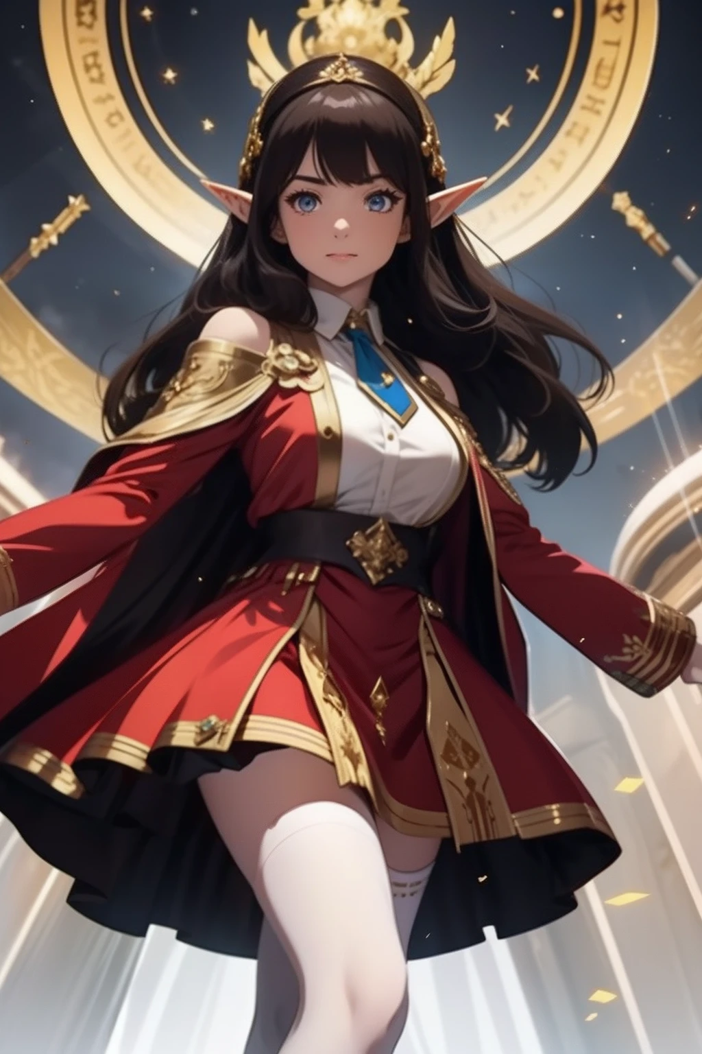 **1 elf woman**,**long dark brown hair**, **hime cut**, **light blue eyes**, **high definition**,**finely detailed**, **Dynamic Pose and Full Length**, **standing**, **Dark Red Jacket and Gold Details open**, **White Blouse (open) and Blue Tie**, **medium breasts**, **Red Skirt with Gold Trims**, ** upskirt**, **White Stockings and Classic Shoes**, **hime cut**, **Look of Curiosity and Determination**, **Touch of Elegance with the Golden Bow**, **Playful Details on Shoulders and Cuffs**, **Adventure Fund**