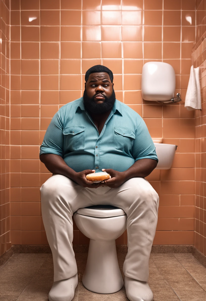 Black male, young, short hair, big beard, very fat, extremely fat, sitting on the toilet in the bathroom of his home, holding a large hamburger, with his belly sticking out, no neck, very big and fat face, facing the camera, HD, 8K