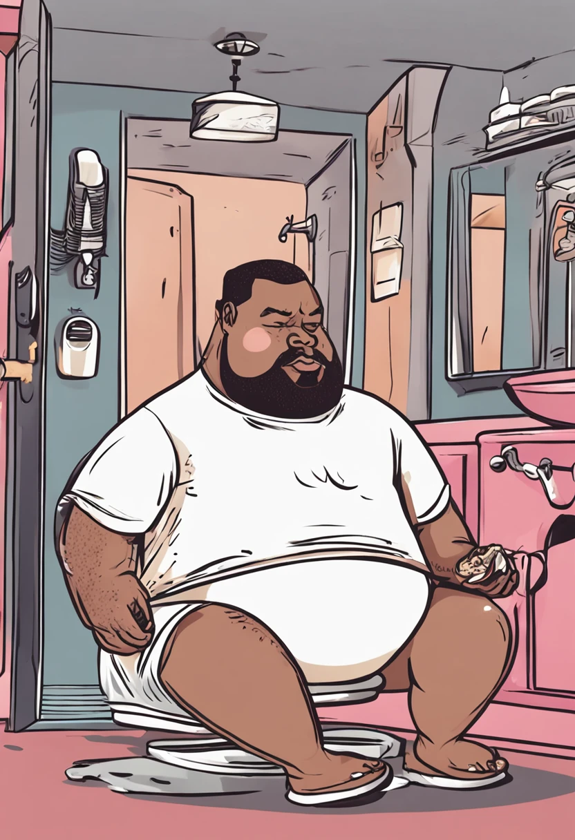 Black male, young, short hair, big beard, very fat, extremely fat, sitting on the toilet in the bathroom of his home, holding a large hamburger, with his belly sticking out, no neck, very big and fat face, facing the camera, HD, 8K