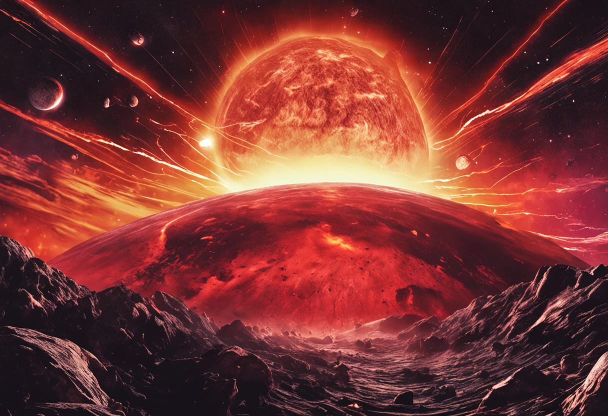 ((Best quality)), ((Masterpiece)), (dramatic scene), The Earth and the Sun collapse into black holes as the Sun, (Doomsday lighting:1.3), The sun darkens when implosed, (Epic composition:1.2), Earth bathed in red light, (CG animation:1.1), Flames and debris are inhaled, (Emergency atmosphere:1.2), People fleeing by boat, (movie atmosphere:1.3), Nebulae and galaxies in the background, (High contrast:1.1), (8K resolution:1.0),Five knots