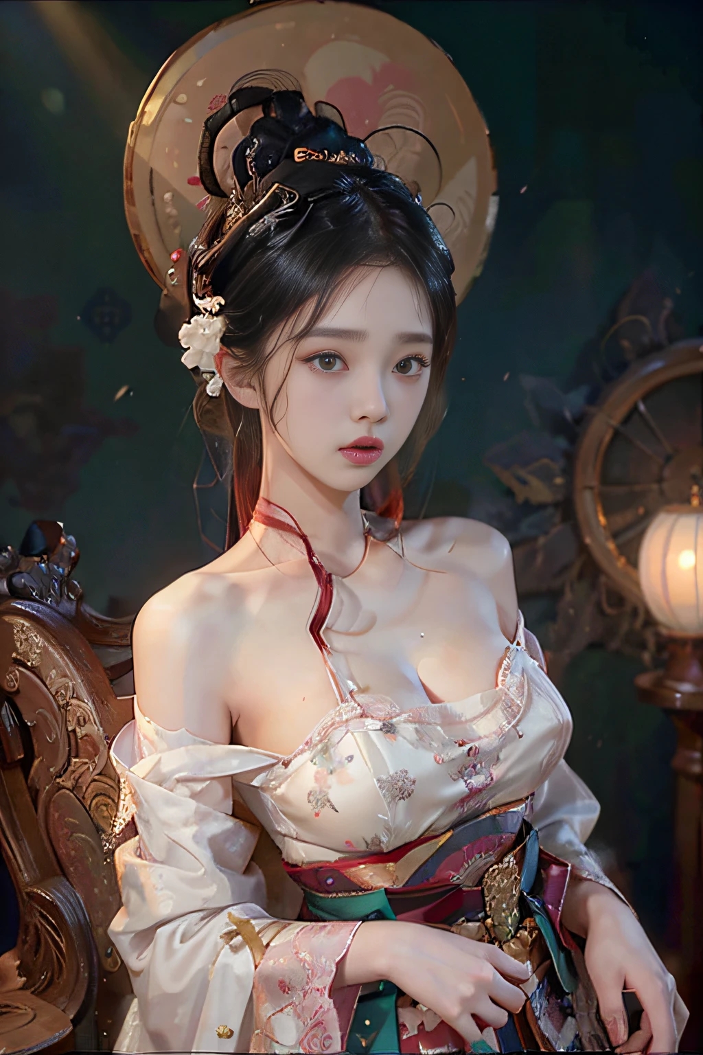 8k, RAW Photo, Best Quality, Masterpiece: 1.2), (Realistic, Photo Realistic: 1.4), {{{1girl}}},, Depth of Field, Full Body, Cinematic Lighting, princess 8 yeald old cute, (huge boobs，cleavage), Beautiful Facial Features, Beautiful Body, Sweating, , Depth of Field, Skin, Ears, Pale Skin, Best Quality, Masterpiece, Illustration, an extremely deciple and beautiful, extremely detailed,CG,unity,8k wallpaper,amazing,finely detail,master,best quality,official art,extremely detailed CG unity 8k wallpaper,ridiculous,incredibly ridiculous,huge file size, super verbose, high resolution, very verbose, Beautiful detailed girl, very detailed eyes and face, beautiful detailed eyes, light on face, (Hanfu: 1.1), lace silk thin, petticoat white pink green