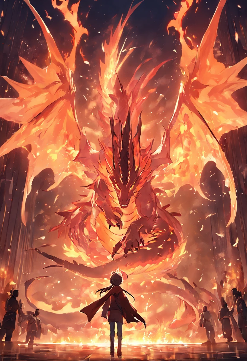 （Fire dragon），（The fire outlined the dragon's body)，The dragon flaps its wings，(Shining with golden light)，solo,nigth,Multiple silhouettes，First-person elevation angle，super detailing，best qualtiy，masterpiece，（8K)，Extremely detailed，Epic artwork