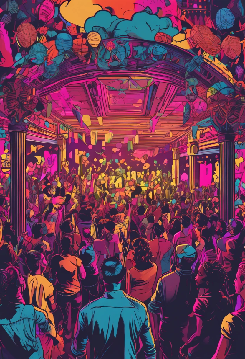 silhouettes of people partying at a lgbtqia+ pride party with vibrant colors in a nightclub at night, the place is small, rainbow, surrounded by love, community, safe, fairytale lighting, intricate details, happiness, love, friendship, unrealistic engine rendering, cinematic, photorealistic, hd, 8k