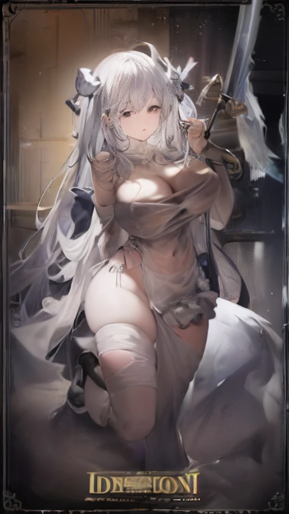 Sexy anime girl with holding sword and butterfly, Huge chest，Black eyes，Colorful light long hair and ，Transparent wet clothes ，White transparent dress long dress（There are many flower-shaped decorations on the clothes），The abdomen is tied with a black rope，The clothes on the thighs are separated，Black lace panties，Tear white silk，leg loops，Full body photo wearing torn white silk，Exquisite gold and silver decoration