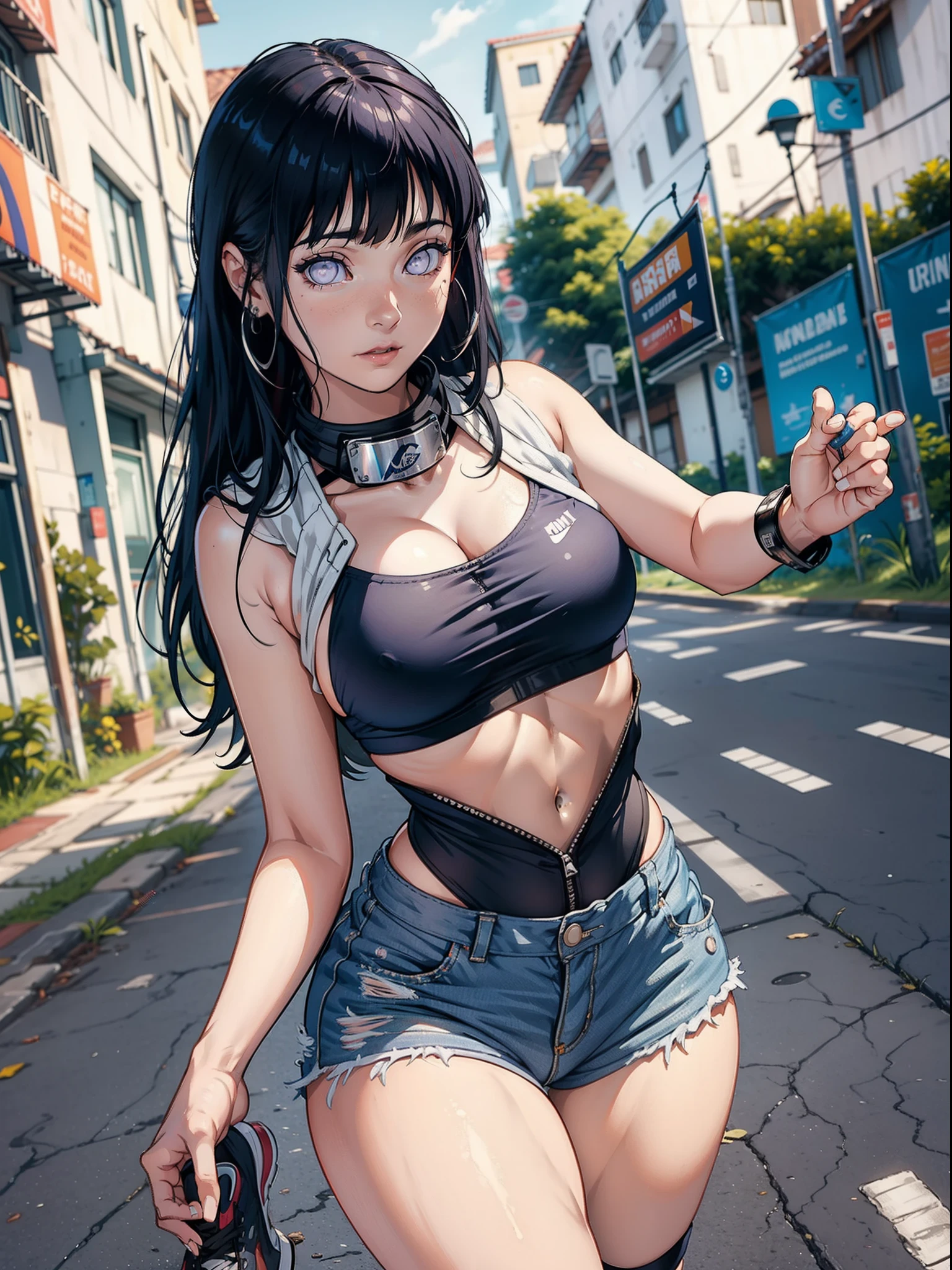 Hinata Hyuga usando roupas curtas, Bunda Grande, pernas grossas, Funkeira, Brasileira, extremamente sexy, rebolando, dancing funk, short curto, mostrando metade da bunda, bunda Grande, pernas grossas, cabelos longos, Nike Air Jordan sneakers, idade entre 18 a 20 anos, som ligado, alto falantes, in the city of Balneário Camboriú in Brazil, realista, 8K, extremamente detalhado, Xiaomi in the hands