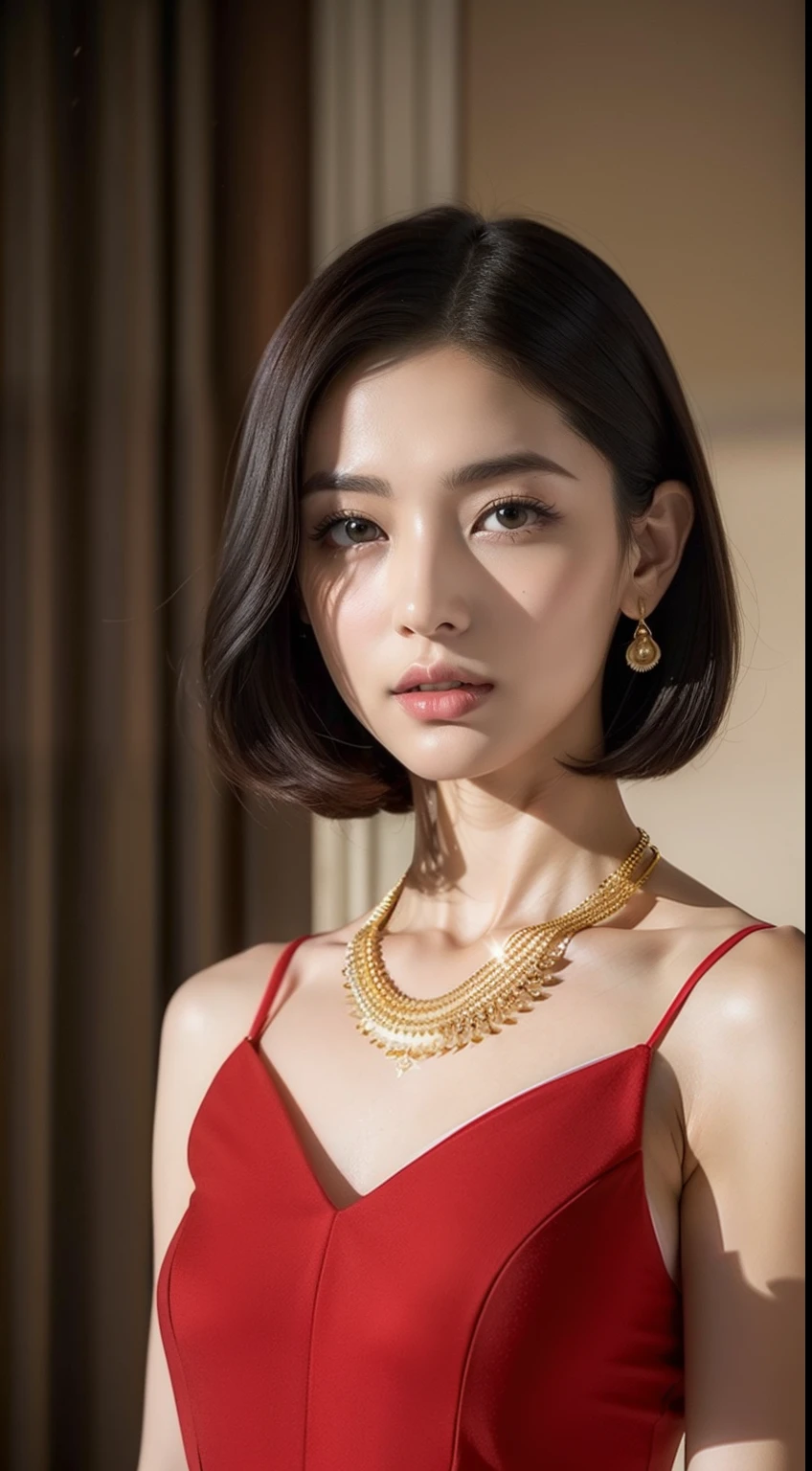 （8K分辨率，Avatar photo），1womanl，27years old，（（heart - shaped face，Wide top and narrow bottom，with a pointed chin，The eye shape is round and full，Small open fan double eyelids，The lying silkworm is full，The tail of the eyes rose slightly，The lips are thin on top and thick at the bottom，The jawline is clear，The brow and nasal bones are tall），详细的脸），（Short shoulder-length hair，Roll inward），Fair smooth skin，（Best Skin Type：1.21），（Off-the-shoulder fashion dress，Luxurious necklaces，Ultra-fine clothing material），（Deep view），（Professional lighting），（（The color is uniform，（red colour，green color）），（Golden section，Hasselblad photograp，tmasterpiece：1.3），（Delicate and cute，Feminine and heroic，fashion art，trendsetting，Artis，Art platform）