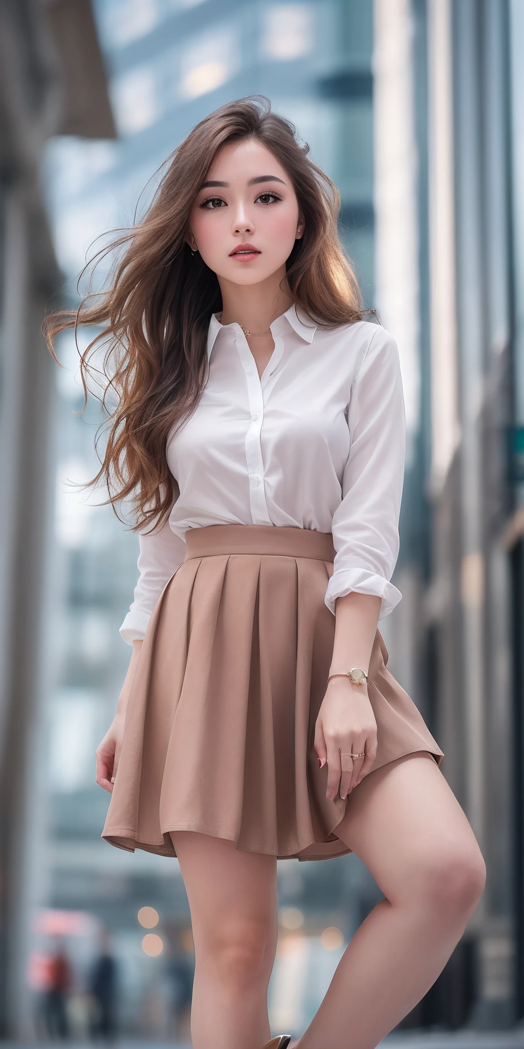 Photo of 21 year old girl, (brown hair with extra long wavy), ((portrait)), (Detailed face: 1.2)), (Detailed facial features)), (Fine skin), pale skin, high detail and deep cleavage, slim body, (cold color), reflection, (masterpiece) (Perfect proportions) (realistic photos) (highest quality), shot with Canon EOS R5, 50mm lens, f/2.8, HDR, (8k) (wallpaper) (movie lighting) (dramatic lighting) (sharp focus) (complex), (shirt, mini flared pastel skirt, heels), ((full body shot)), (city background), ((from below))