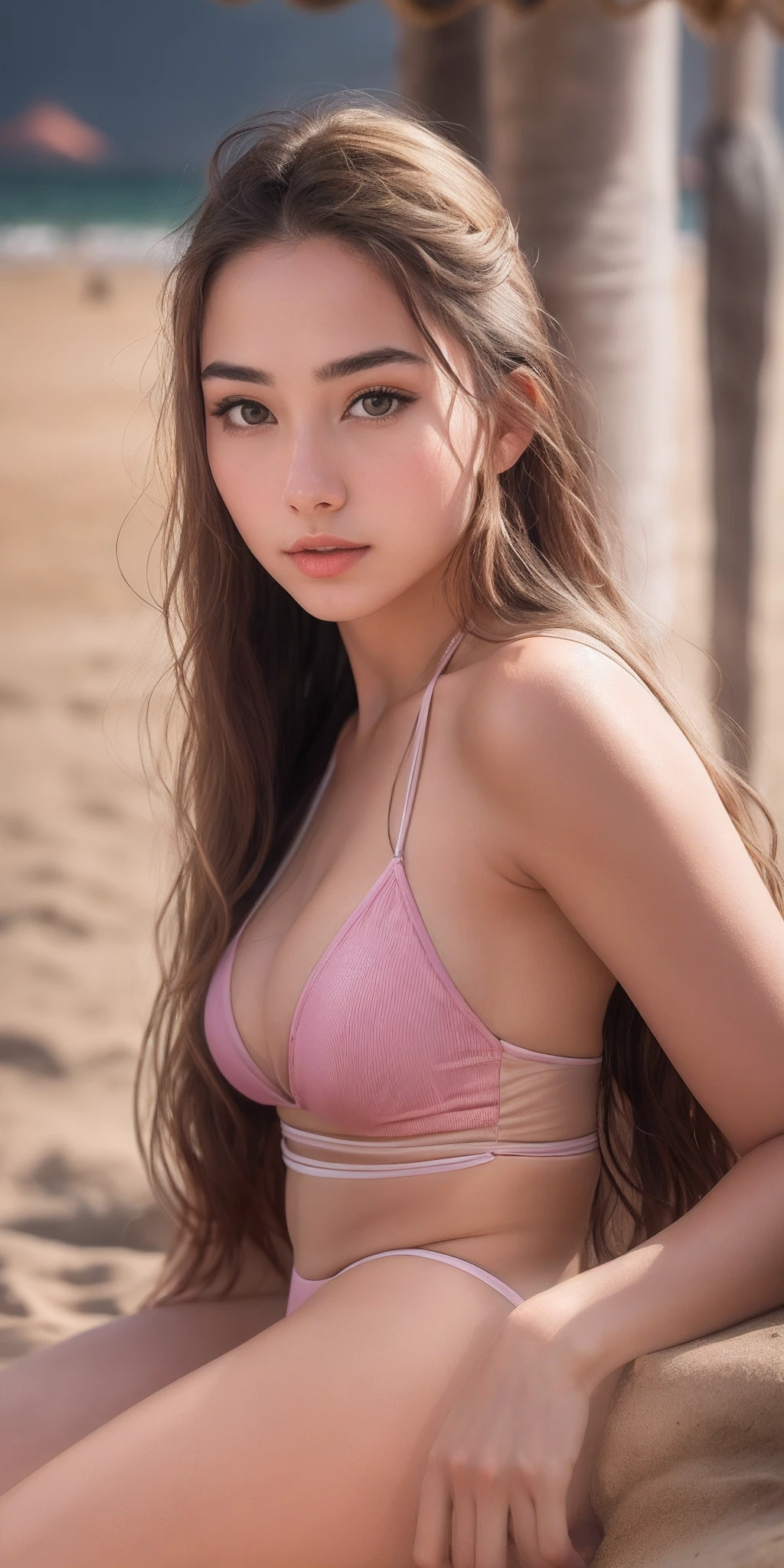 Photo of 21 year old girl, (brown hair with extra long wavy), ((portrait)), (Detailed face: 1.2)), (Detailed facial features)), (Fine skin), pale skin, high detail and deep cleavage, slim body, (cold color), reflection, (masterpiece) (Perfect proportions) (realistic photos) (highest quality), shot with Canon EOS R5, 50mm lens, f/2.8, HDR, (8k) (wallpaper) (movie lighting) (dramatic lighting) (sharp focus) (complex), (swimwear), ((full body shot)), (beach background), ((from below))