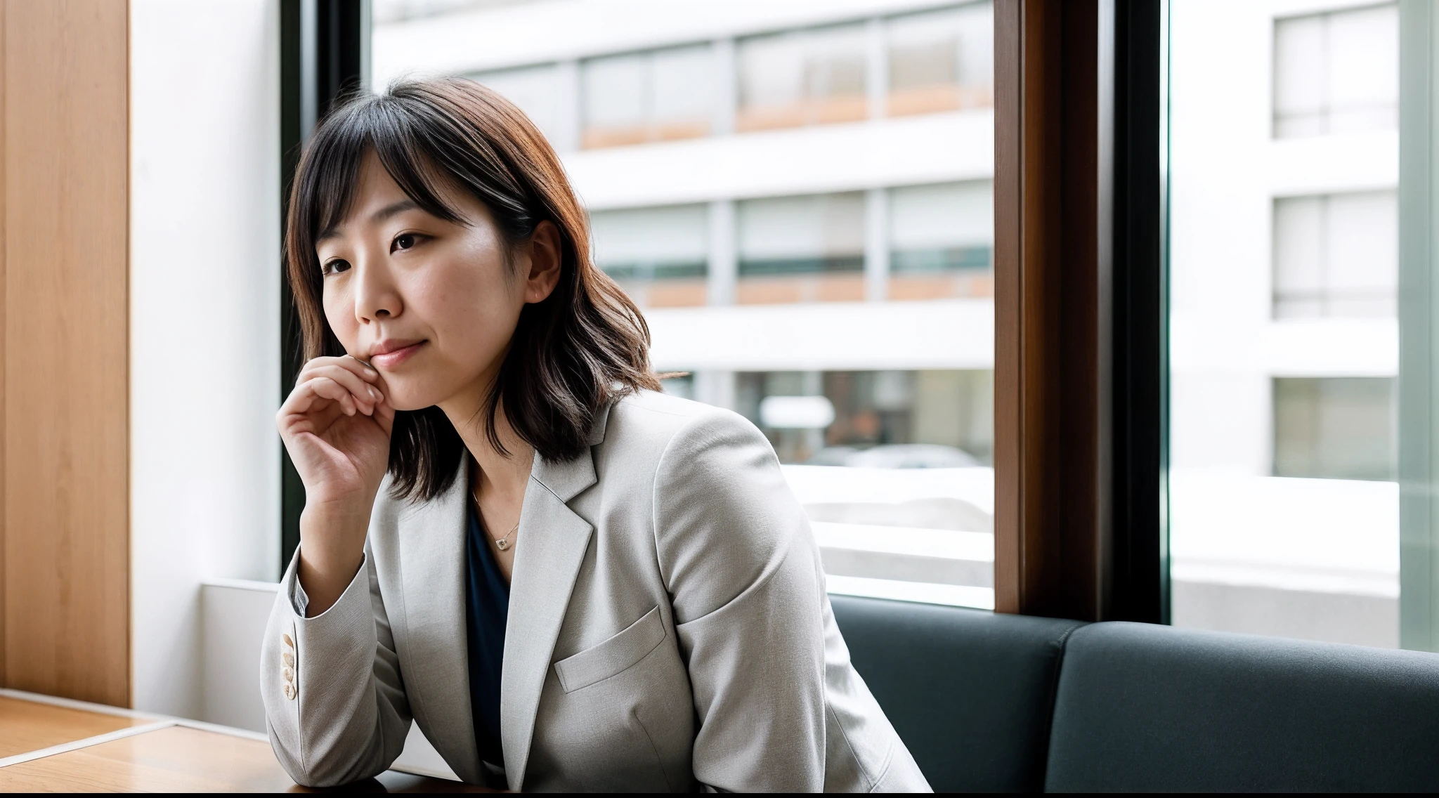 instagram photo, A candid moment captured as a Japanese businesswoman takes a thoughtful break during her busy day, contemplative, genuine, Sony A6600 with 35mm f/1.8 lens, available daylight, lifestyle photography.