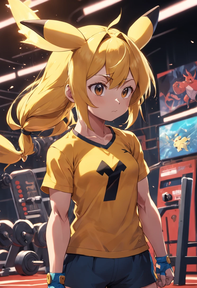 (Illustration of a muscular Pikachu t-shirt working hard in the gym)
