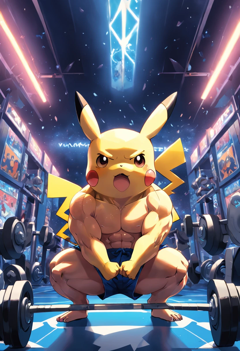 (Illustration of a muscular Pikachu t-shirt working hard in the gym)