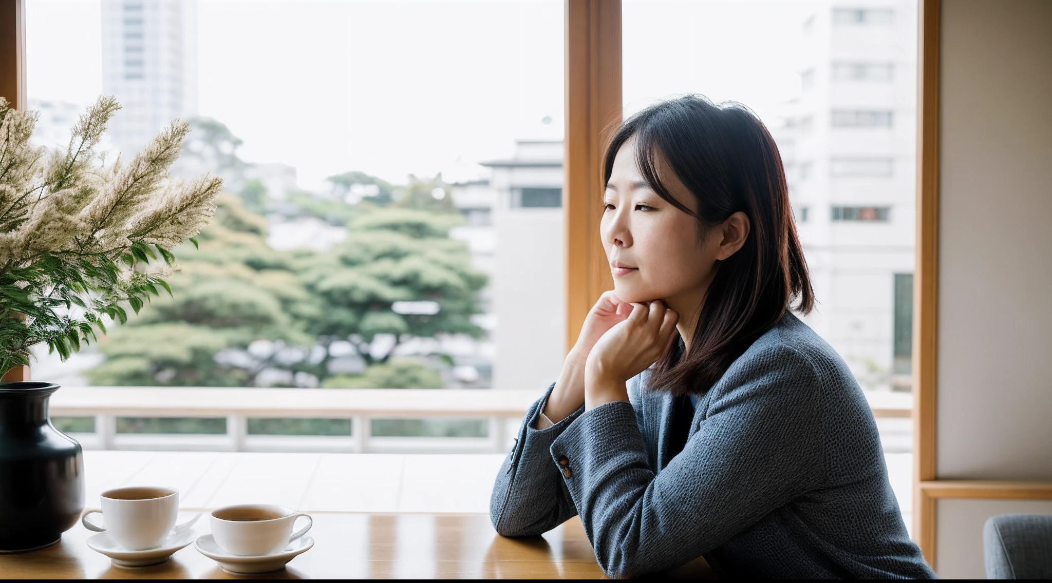 instagram photo, A candid moment captured as a Japanese businesswoman takes a thoughtful break during her busy day, contemplative, genuine, Sony A6600 with 35mm f/1.8 lens, available daylight, lifestyle photography.