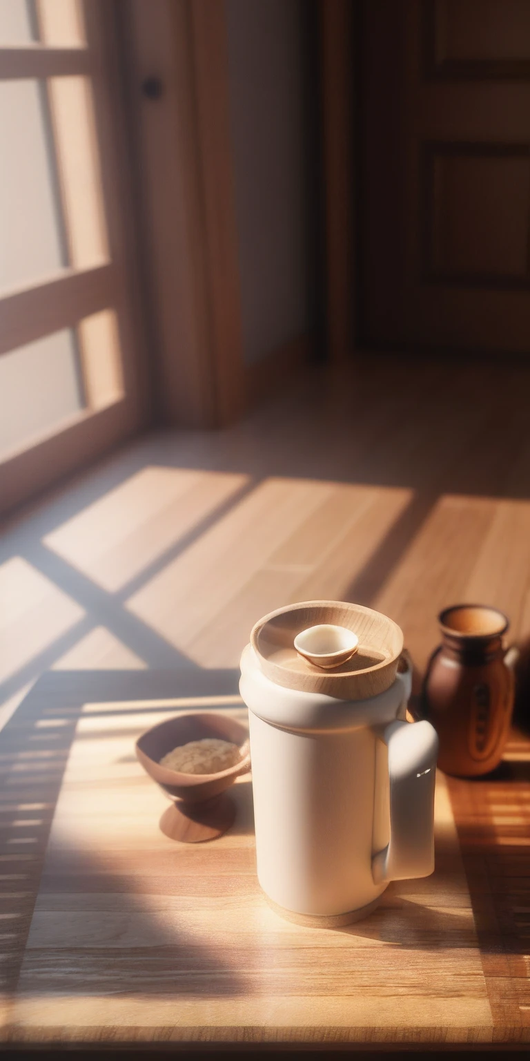 On the wooden table lay a coffee cup,There are spoons, semi - realistic render, ( ( 3 d rendered ) ), Product rendering, rendered in povray, designed in blender, highly detailed render, product design render, Rendered in V-Ray, rendered in 3 dsmax, rendered in corona, product design shot, highly detailed 3d render,Hyper-realistic rendering,Divine sense top light,Vray rendering,Cinematic lighting effects,The morning light shines on the wooden table