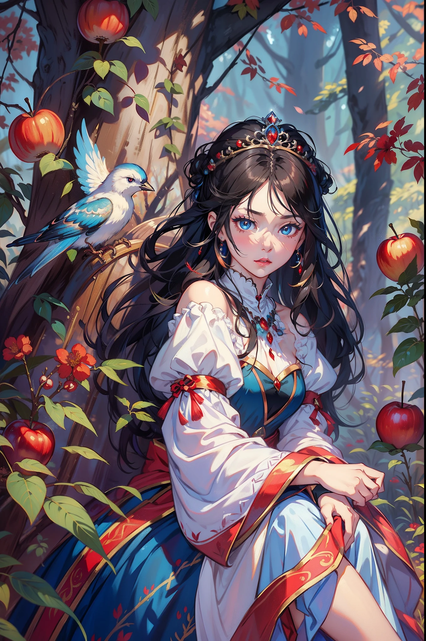 Princess Snow White，Red apple in hand，princess portrait, Guviz-style artwork, blond-haired princess, portrait of princess, Guviz, kazakh empress, portrait of a princess, , in the art style of bowater, Baroque fluffy skirt，Fantasy art style, beautiful fantasy maiden，Exquisite and perfect facial features，美丽细致的眼睛，long eyelasher，Delicate eyeliner，Blue eyes，Dark pupils，Messy black hair，cottage in the forest，Colorful birds，There are bright spots in the eyes，almond eyes，Beautiful lip details，8K high-definition，anatomy correct，Oil painting thick painting style