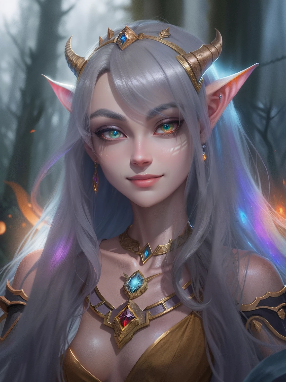 Kizi, Long hair, Shiny hair, forehead jewel, There are demon lines on the face, Gradient eyes, long and pointed ears, filmgrain, lines of movement, first person perspective, Eye level shots, hyper HD, Award-Awarded, A high resolution, 8K Breath of the Forest, evil smile, gradient eyes, Cinematic lighting, Sony FE GM, Art Deco, glowing light, Masterpiece, Super detail, Textured skin, Textured skin, High details, Best quality