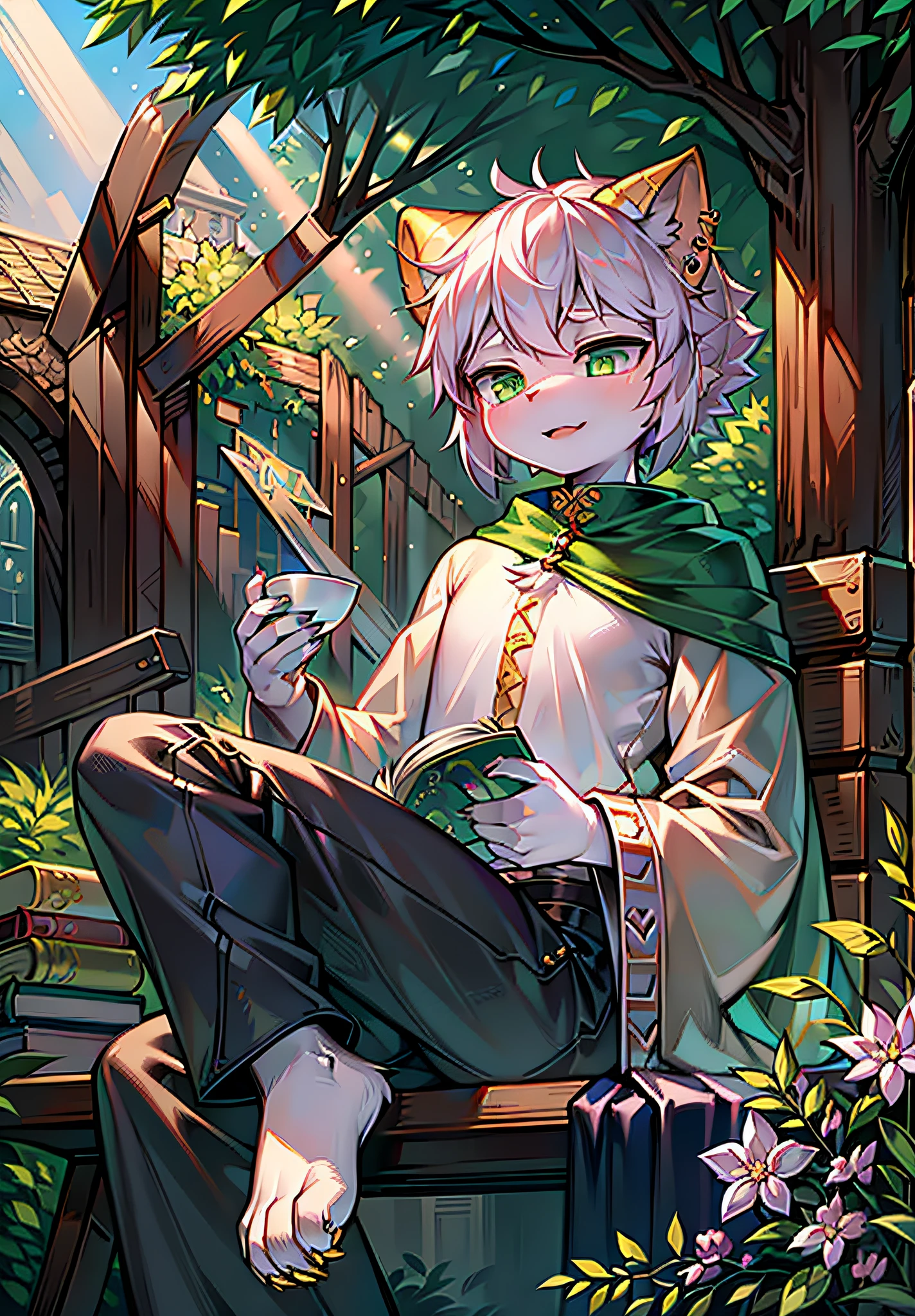 In the woods,sitted,the trees,A few cups of tea,solo person,nerds,Several books,Ambiguous gender,adolable,ssmile,Gorgeous costumes,Clear eyes,Crystal pupils,Evil anthropomorphic cat cub,Wearing a flowing black silk shirt,It has intricate embroidery and a long black coat decorated with gold accents,photoreal render,dungeons and dragons,fanciful,rendering by octane,zbrush。character design,realisticlying,unreal-engine,Hyper-detailing,concept-art,trends in art station。((best qualtiy)), ((tmasterpiece)), (Realistis)), (A detailed), Close-up Shot Shot, Evil anthropomorphic cat cub, Piercing green eyes, Wearing a flowing green silk shirt,It has intricate embroidery and a long black coat decorated with gold accents,Top hat,One-eyed patch, highly detailed fur, looking at viewert, Fantasyart, Stunning gradient colors, No watermark signature, Keep one's mouth shut, detailed back ground, Bustling city streets,Packed with merchants and travelers,Dark alleys visible in the background,Keep your mouth shut,insanely details,((tmasterpiece)),hoang lap,hdr