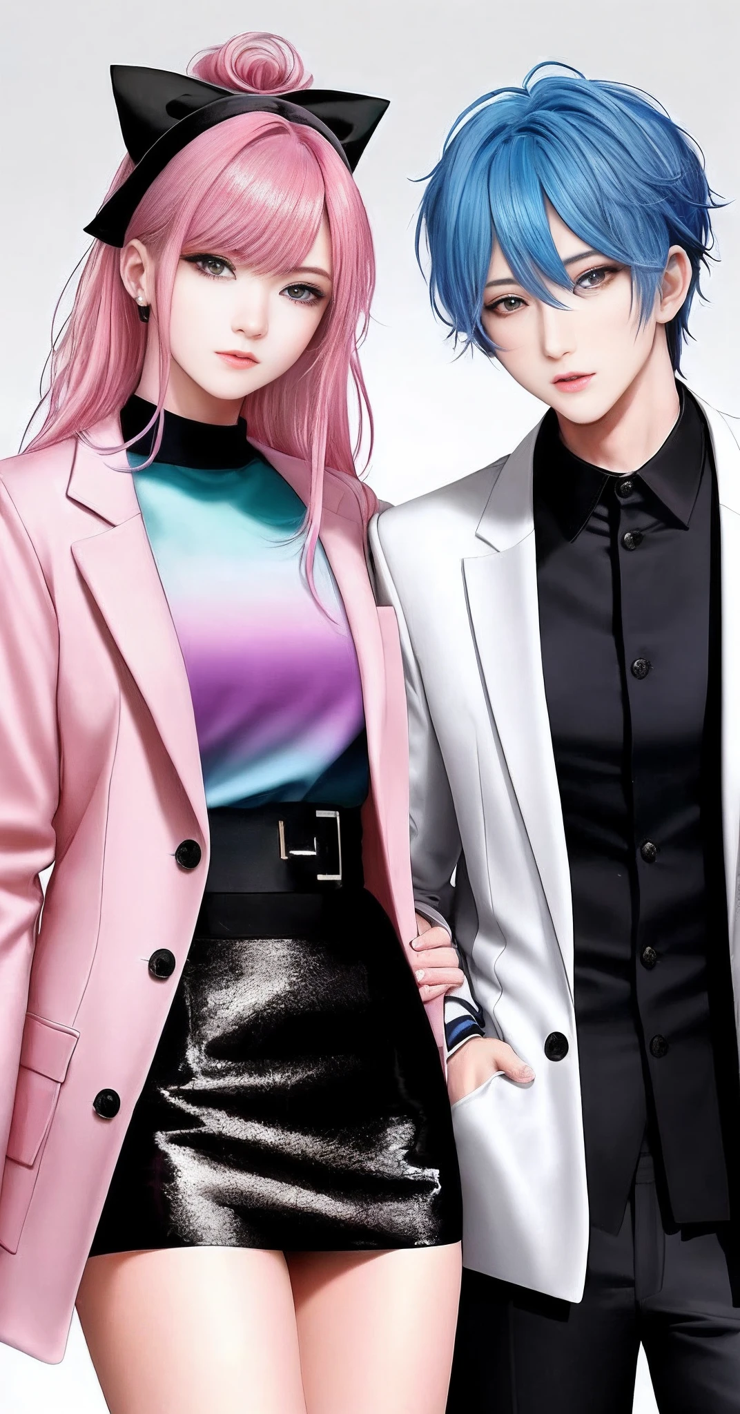 ((Male and female couples)), Idol Photos, Magazine covers, Photos of actors, Professional Photos, Height difference, tall male, Happiness, youthfulness, extra detailed face, detailed punk hair, very detailed character, inspired by Sim Sa-jeong, Cai Xukun's, detailed realistic faces, highly detailed realistic face, high detailed face anime, realistic detailed face, Accurate detailed face, attractive androgynous humanoid, Cool Korean fashion in black, ((With a man with light blue hair)), ((Woman with pink hair)), ((Woman with long hair below waist)), ((Man with short hair over ears)), ((Pink hair woman with gentle expression)), ((Man with light blue hair with wild expression)), high-level image quality, masterpiece, Photographed so that the whole body can be seen, Photographed to make clothes look beautiful, Take your eyes off, ((two individuals)), ((British couple))