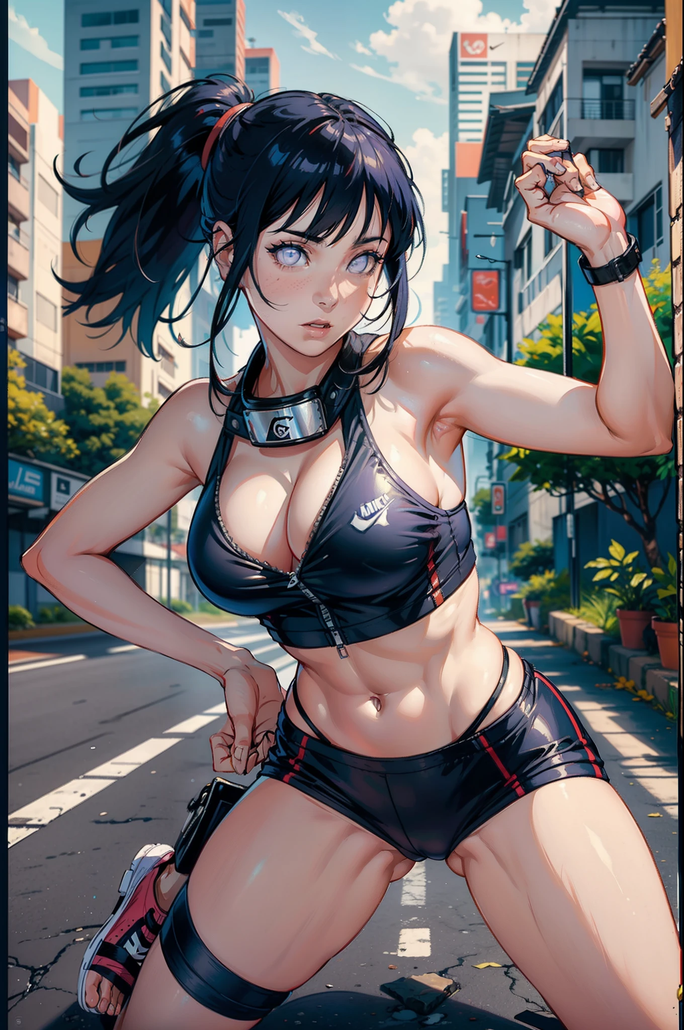 Hinata Hyuga usando roupas curtas, Bunda Grande, pernas grossas, Funkeira, Brasileira, extremamente sexy, rebolando, dancing funk, short curto, mostrando metade da bunda, bunda Grande, pernas grossas, cabelos longos, Nike Air Jordan sneakers, idade entre 18 a 20 anos, som ligado, alto falantes, in the city of Balneário Camboriú in Brazil, realista, 8K, extremamente detalhado, Xiaomi in the hands