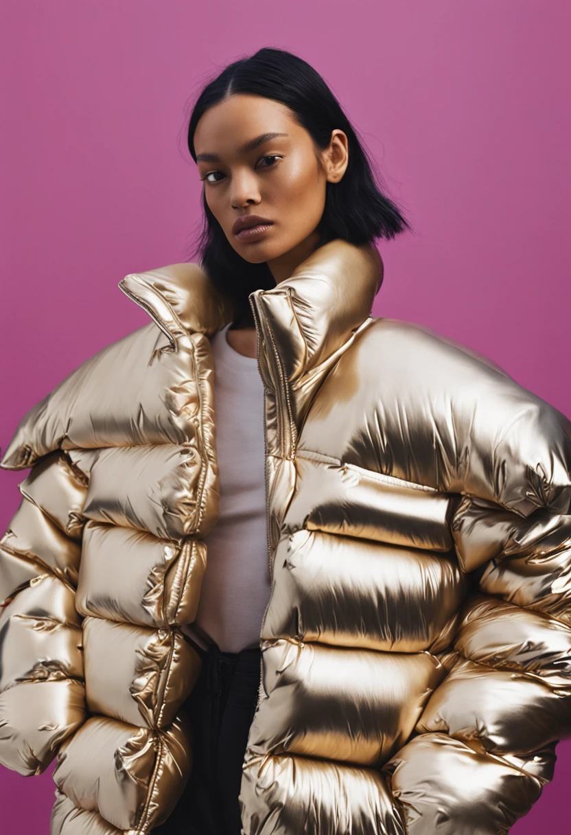 well lit fashion shoot portrait of extremely beautiful female wearing massively over size puffer jacket by craig green, dingyun zhang, yeezy, balenciaga, vetements, sharp focus, clear, detailed, , cinematic, detailed, off white, glamourous, symmetrical, vogue, editorial, fashion, magazine shoot, glossy --q 2