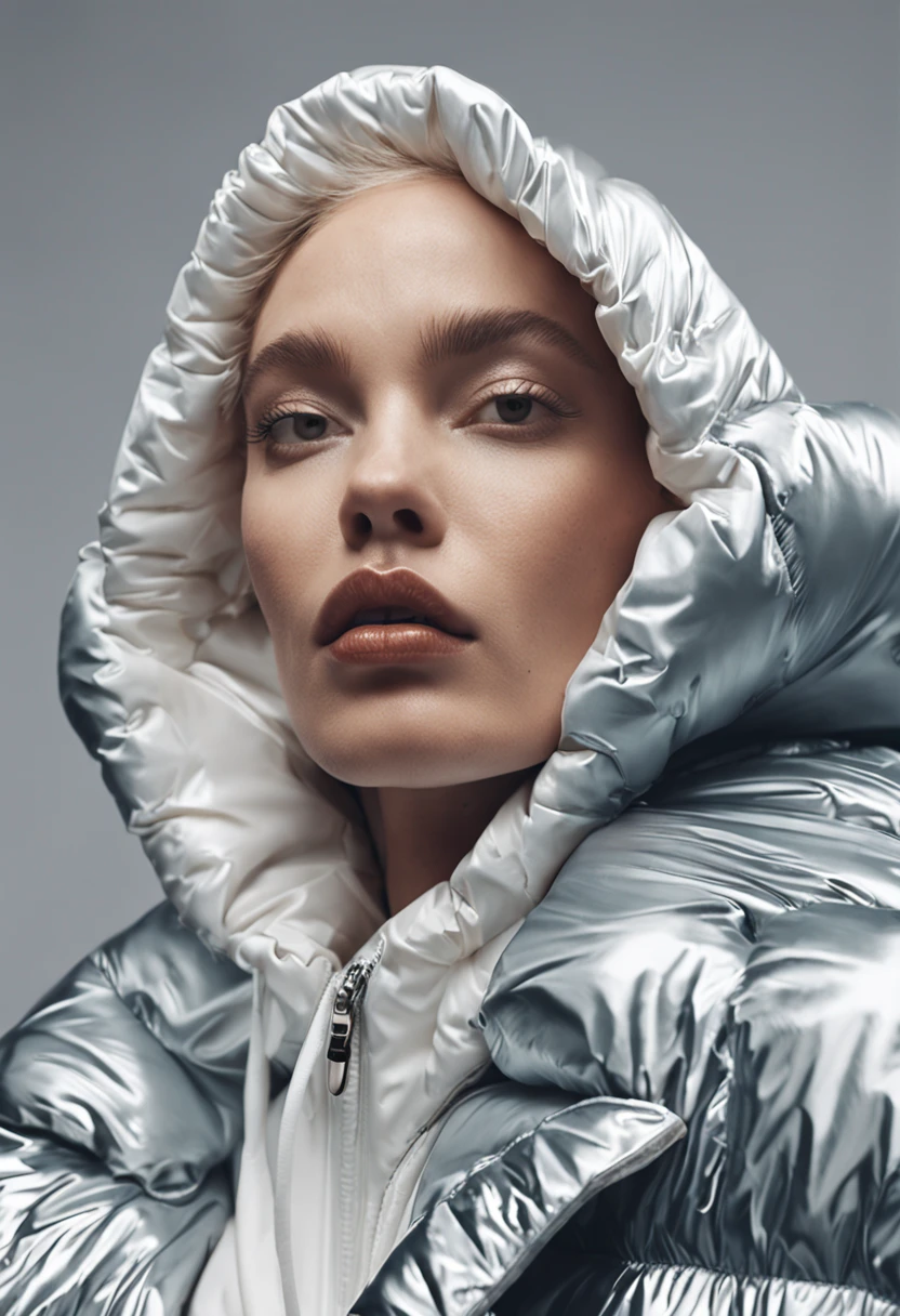 well lit fashion shoot portrait of extremely beautiful female wearing massively over size puffer jacket by craig green, dingyun zhang, yeezy, balenciaga, vetements, sharp focus, clear, detailed, , cinematic, detailed, off white, glamourous, symmetrical, vogue, editorial, fashion, magazine shoot, glossy --q 2