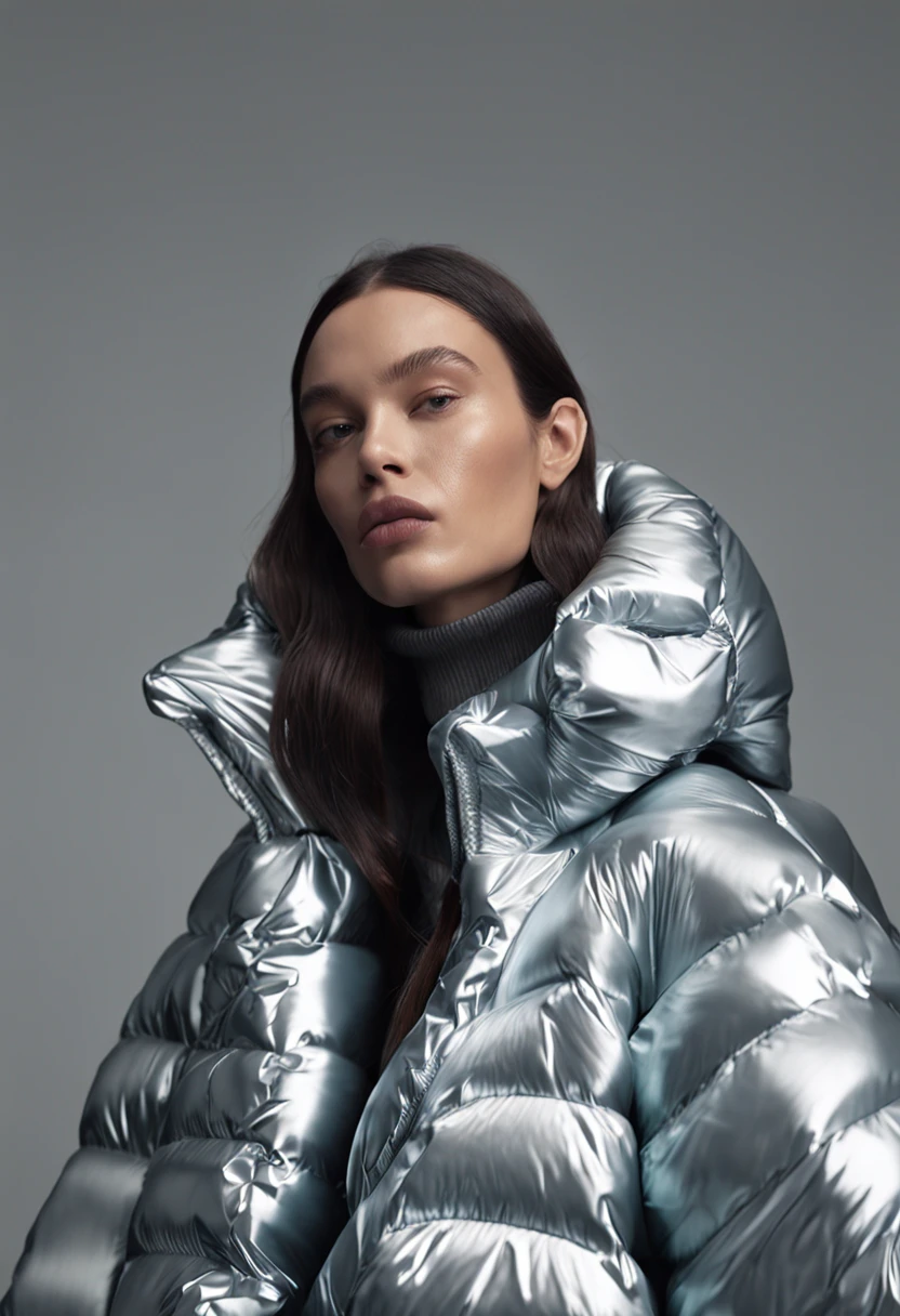 well lit fashion shoot portrait of extremely beautiful female wearing massively over size puffer jacket by craig green, dingyun zhang, yeezy, balenciaga, vetements, sharp focus, clear, detailed, , cinematic, detailed, off white, glamourous, symmetrical, vogue, editorial, fashion, magazine shoot, glossy --q 2