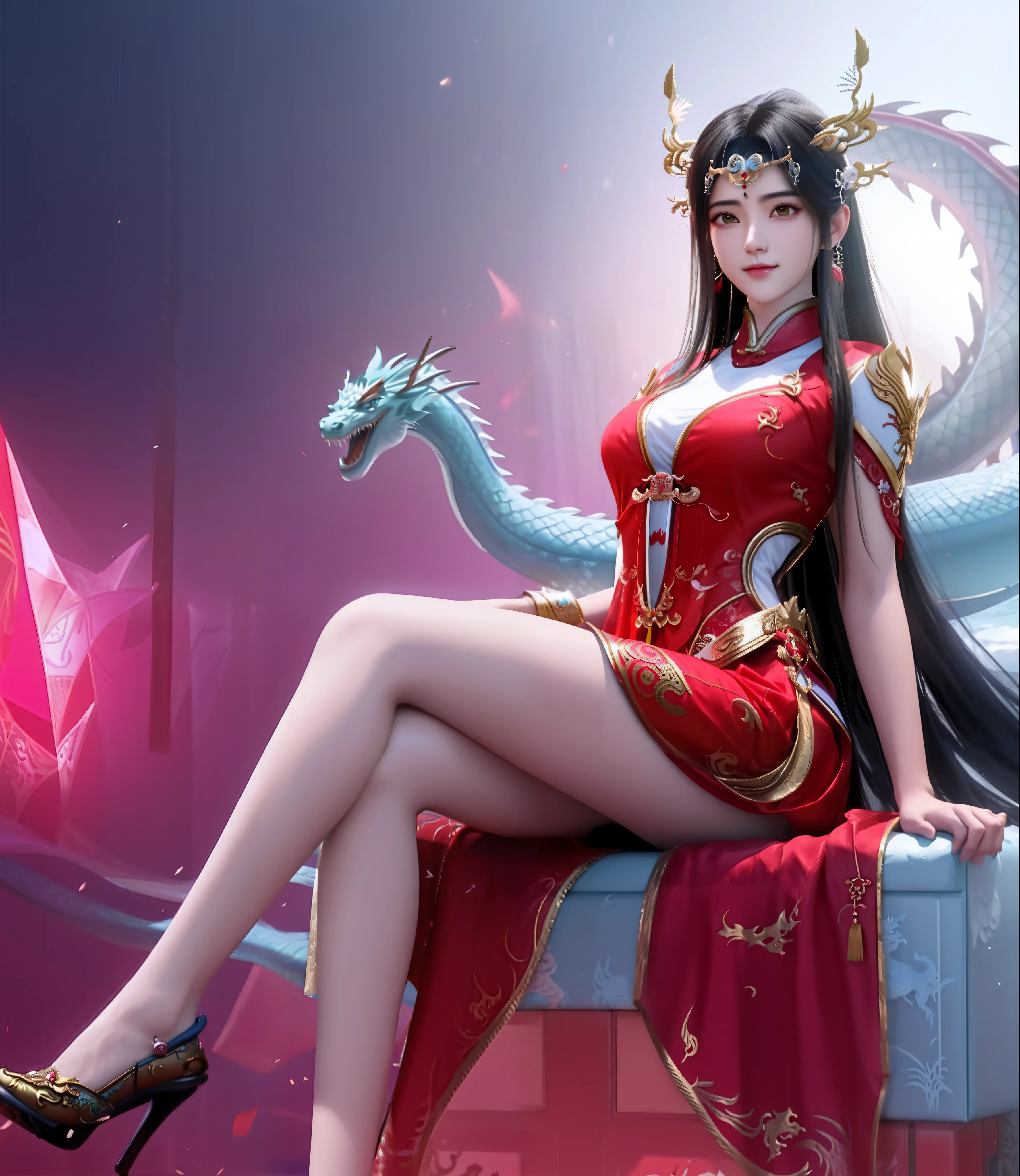 Alafi sat in his chair,There is a dragon and a woman in a red dress, a beautiful fantasy empress, full-body xianxia, Anime goddess, Ruan Jia and Artgerm, xianxia fantasy, trending on cgstation, queen of dragons, Chinese fantasy, Irelia, queen of the sea mu yanling