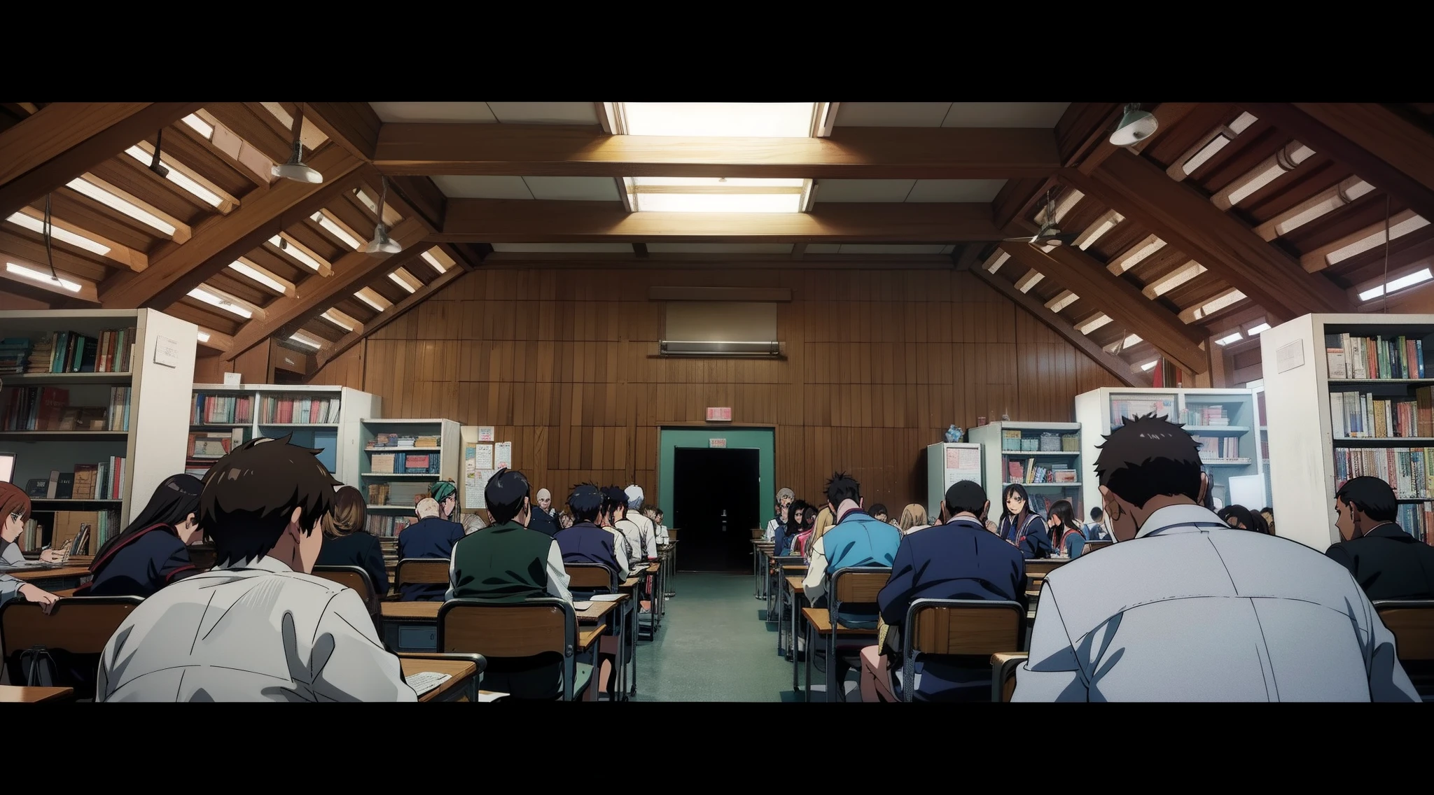 Anime scene, classroom, examination scene, exam room, students